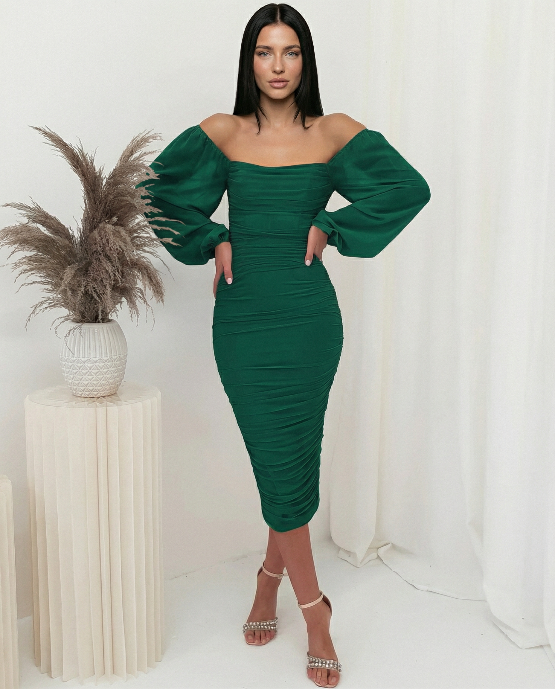 Debra | Ruched Midi Dress with Sheer Long Sleeves