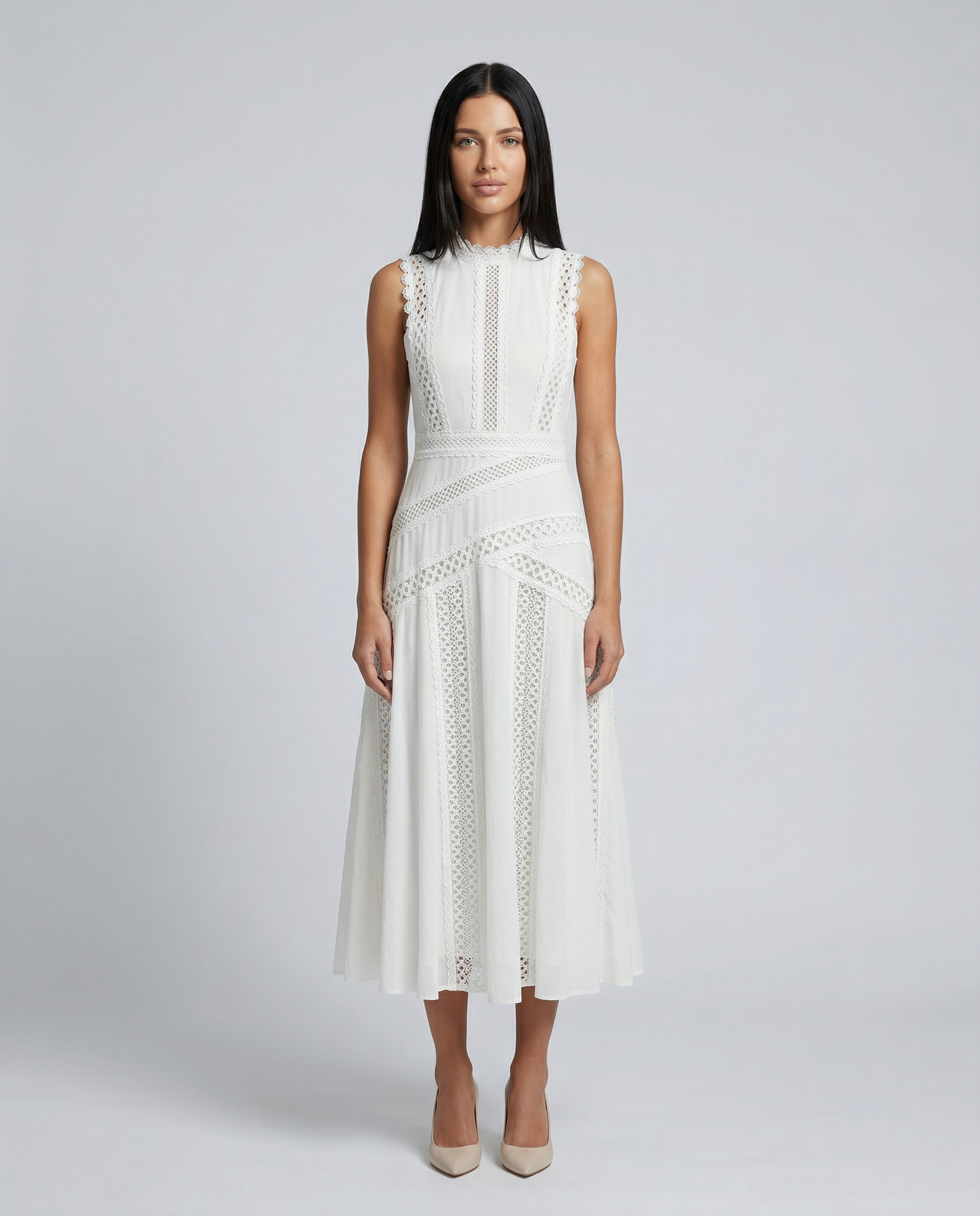 Alma | Sleeveless Midi Dress with Lace Panels