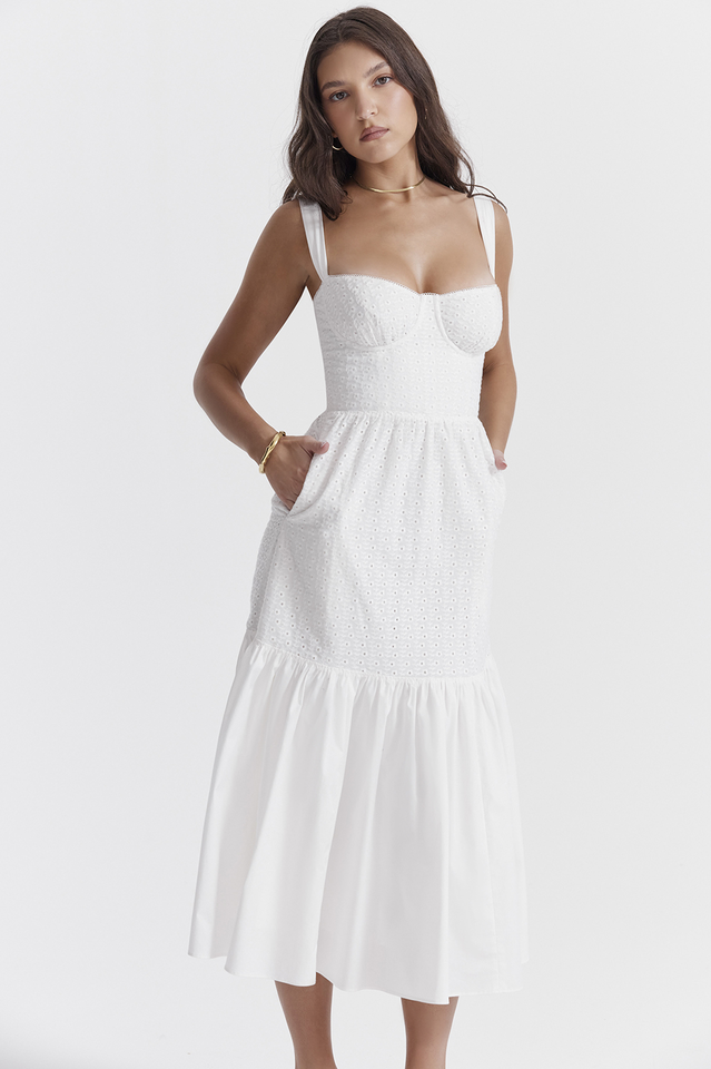 Katrina | Broderie Anglaise Midi Dress with Corset Bodice