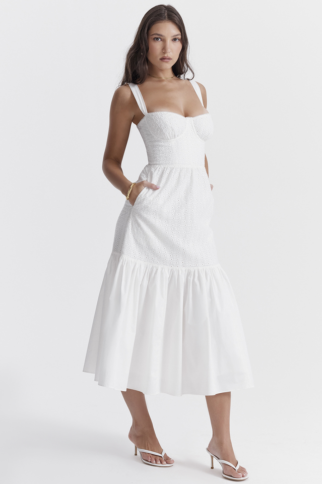 Katrina | Broderie Anglaise Midi Dress with Corset Bodice