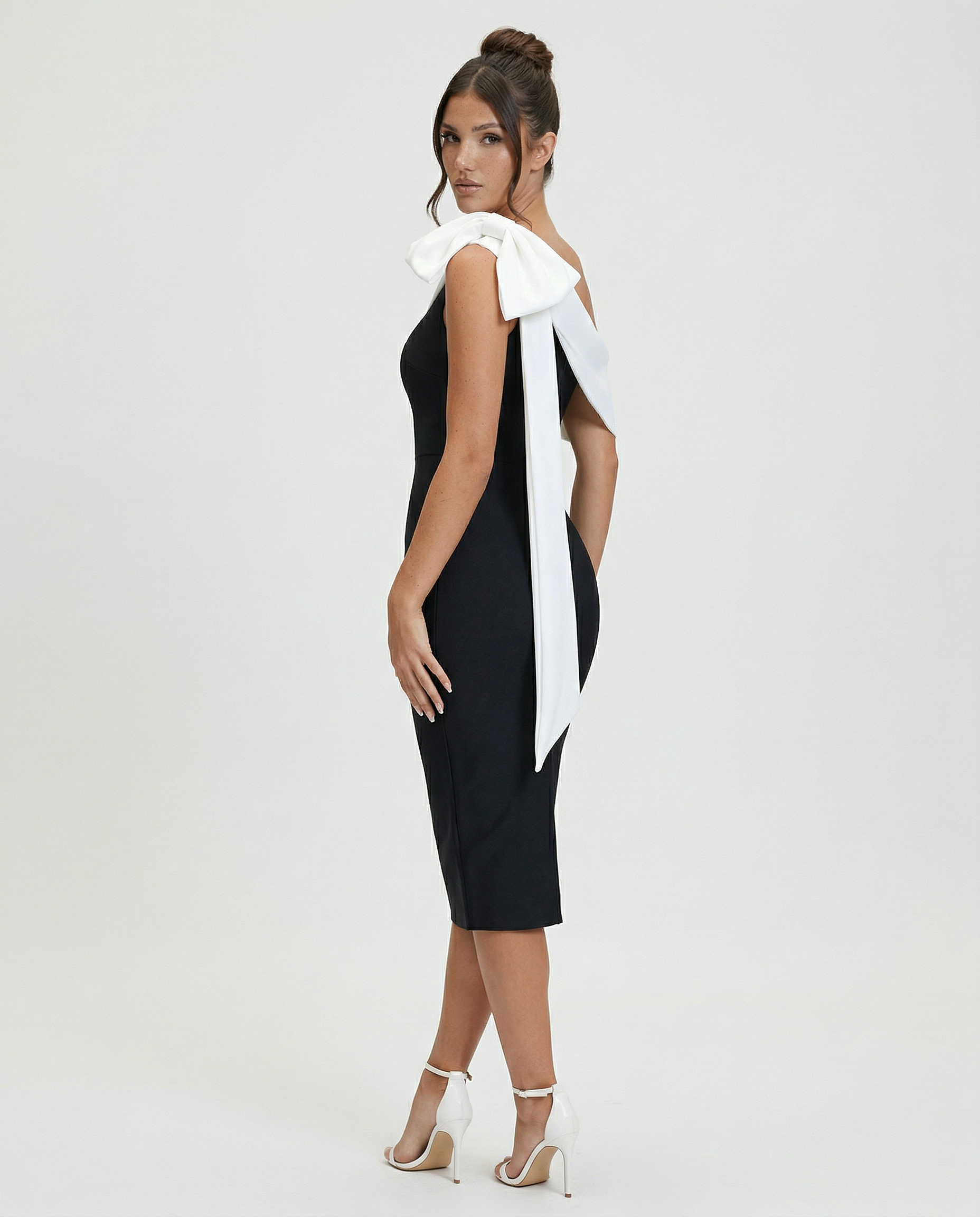 Elza | One Shoulder Midi Bandage Dress with Bow Detail