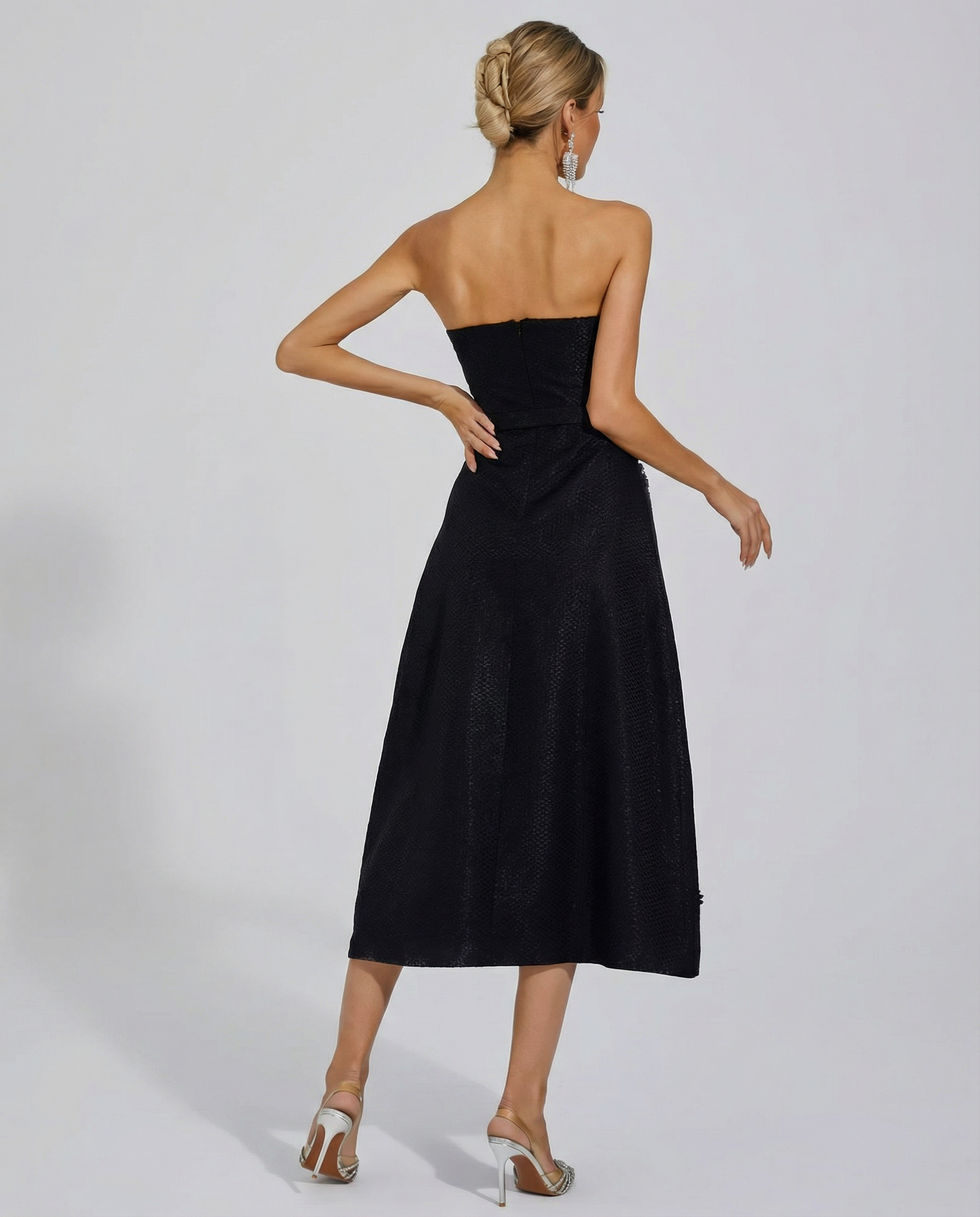 Emberlyn | Strapless Crystal Tweed Midi Dress with Belt Detail