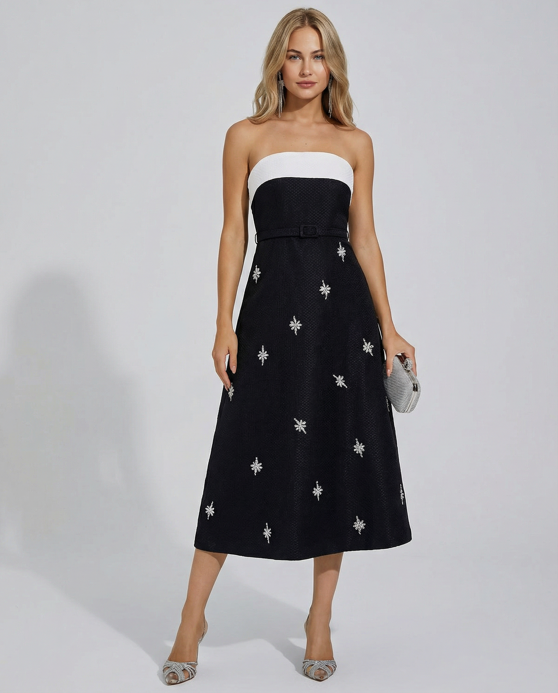 Emberlyn | Strapless Crystal Tweed Midi Dress with Belt Detail