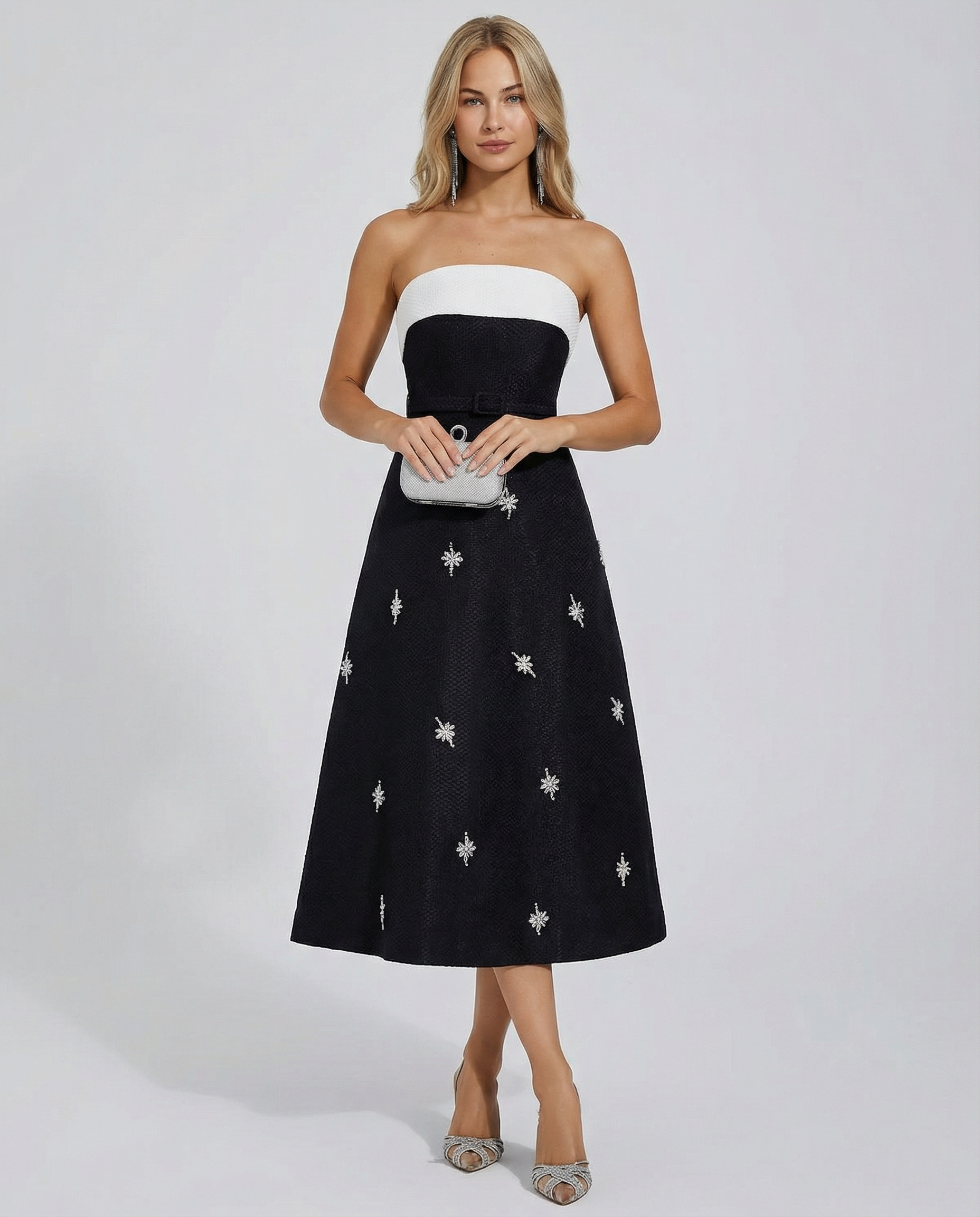 Emberlyn | Strapless Crystal Tweed Midi Dress with Belt Detail