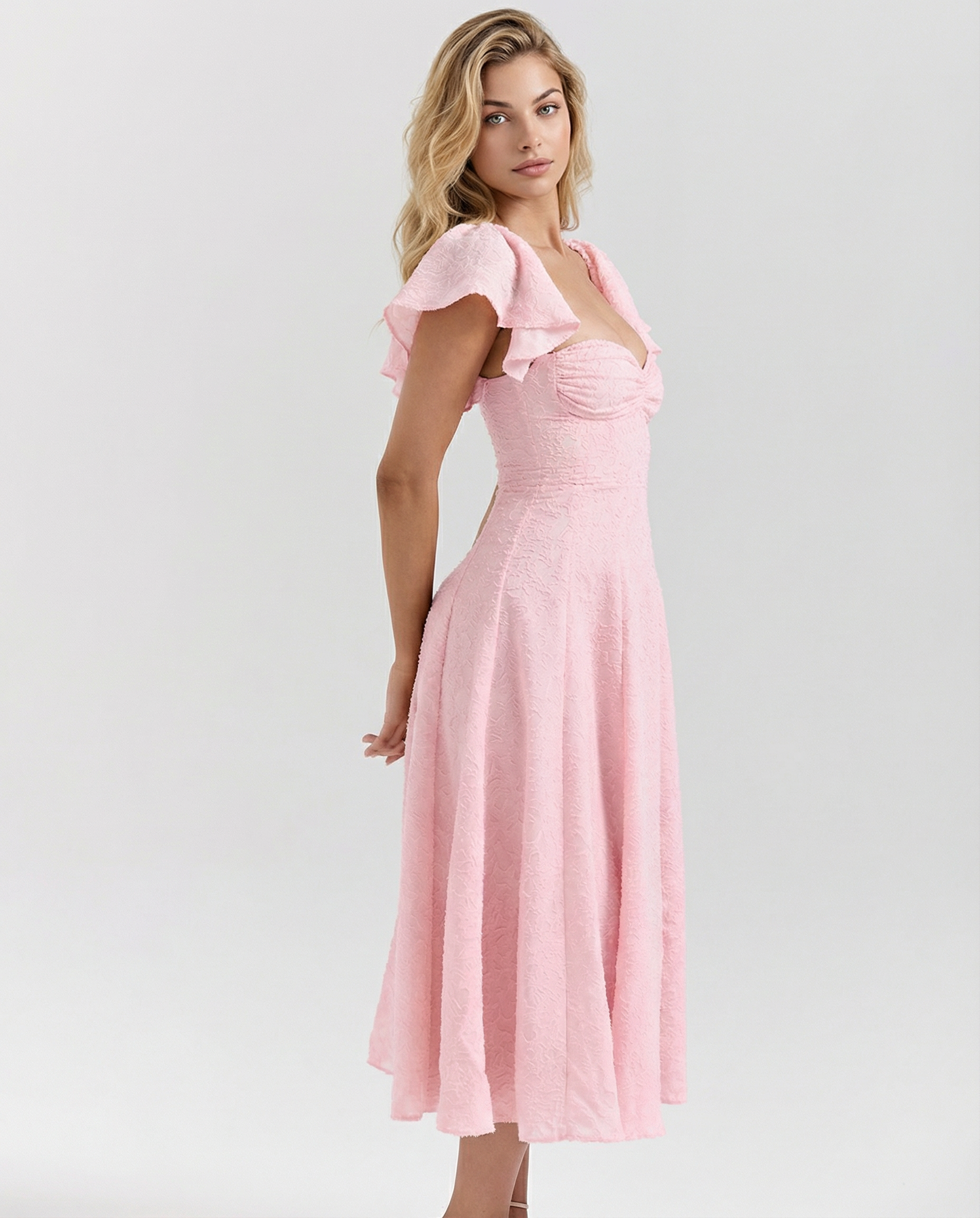 Samantha | Floral Jacquard Midi Dress with Butterfly Sleeves