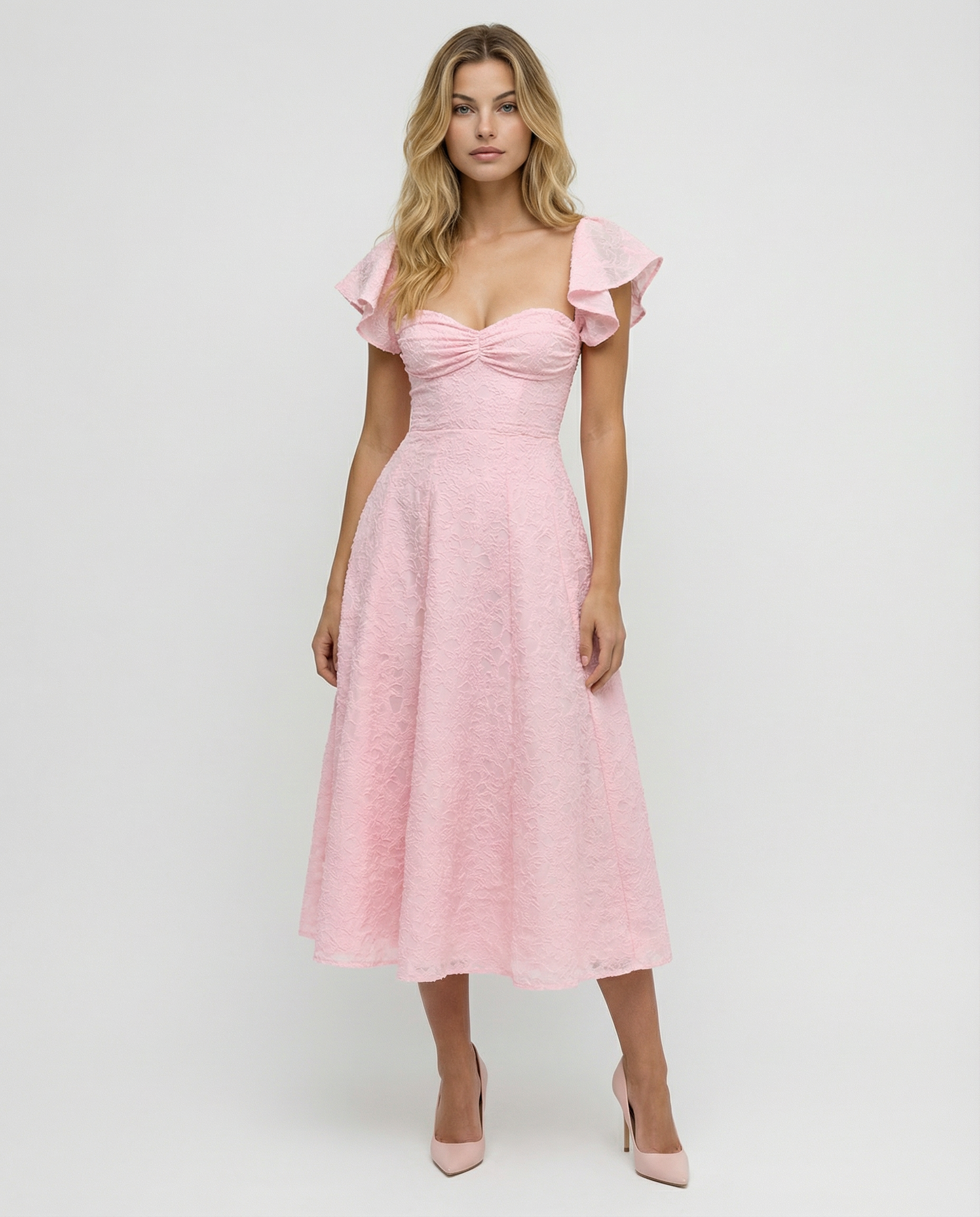 Samantha | Floral Jacquard Midi Dress with Butterfly Sleeves