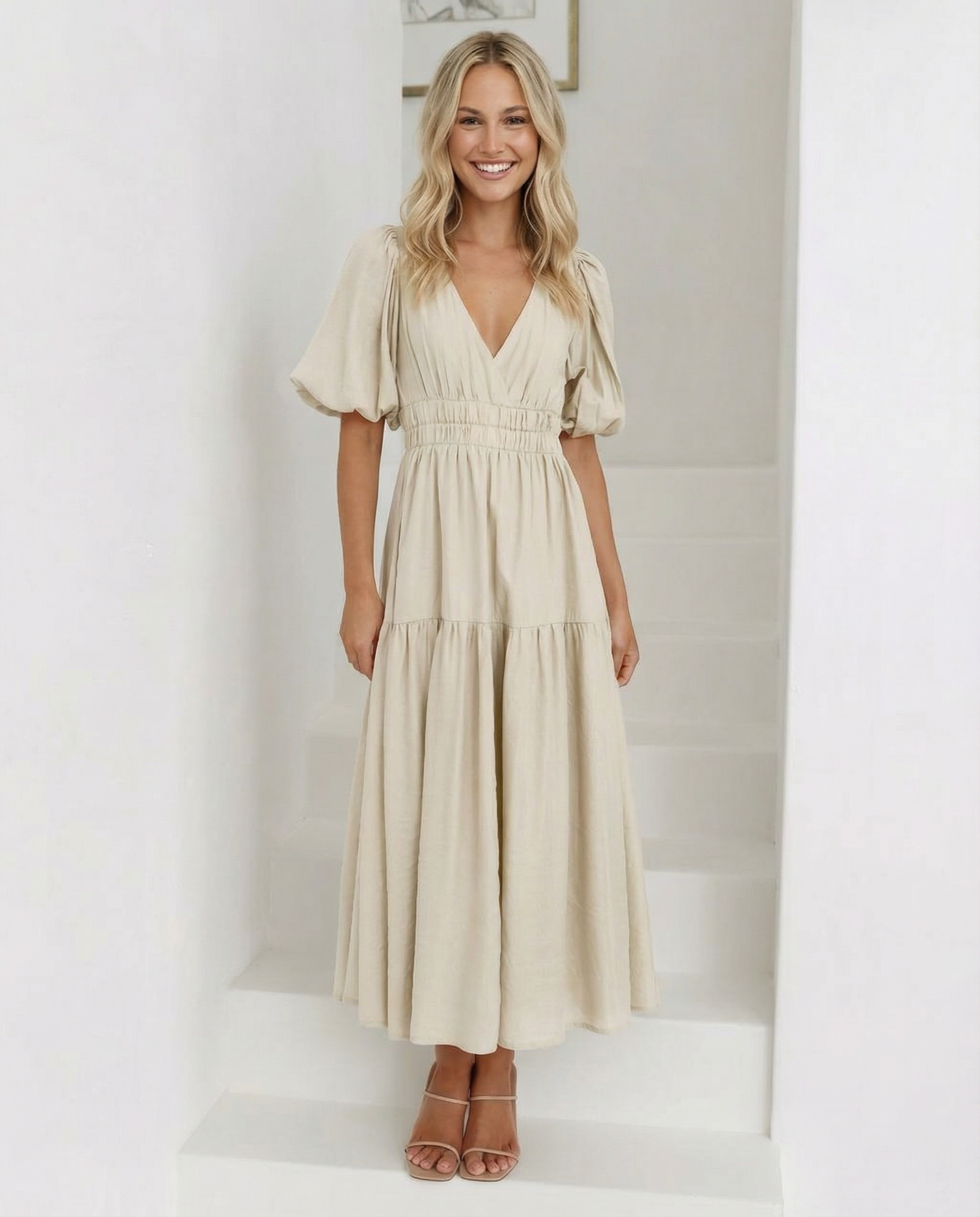 Erin | V Neck Midi Dress with Tiered Skirt and Balloon Sleeves