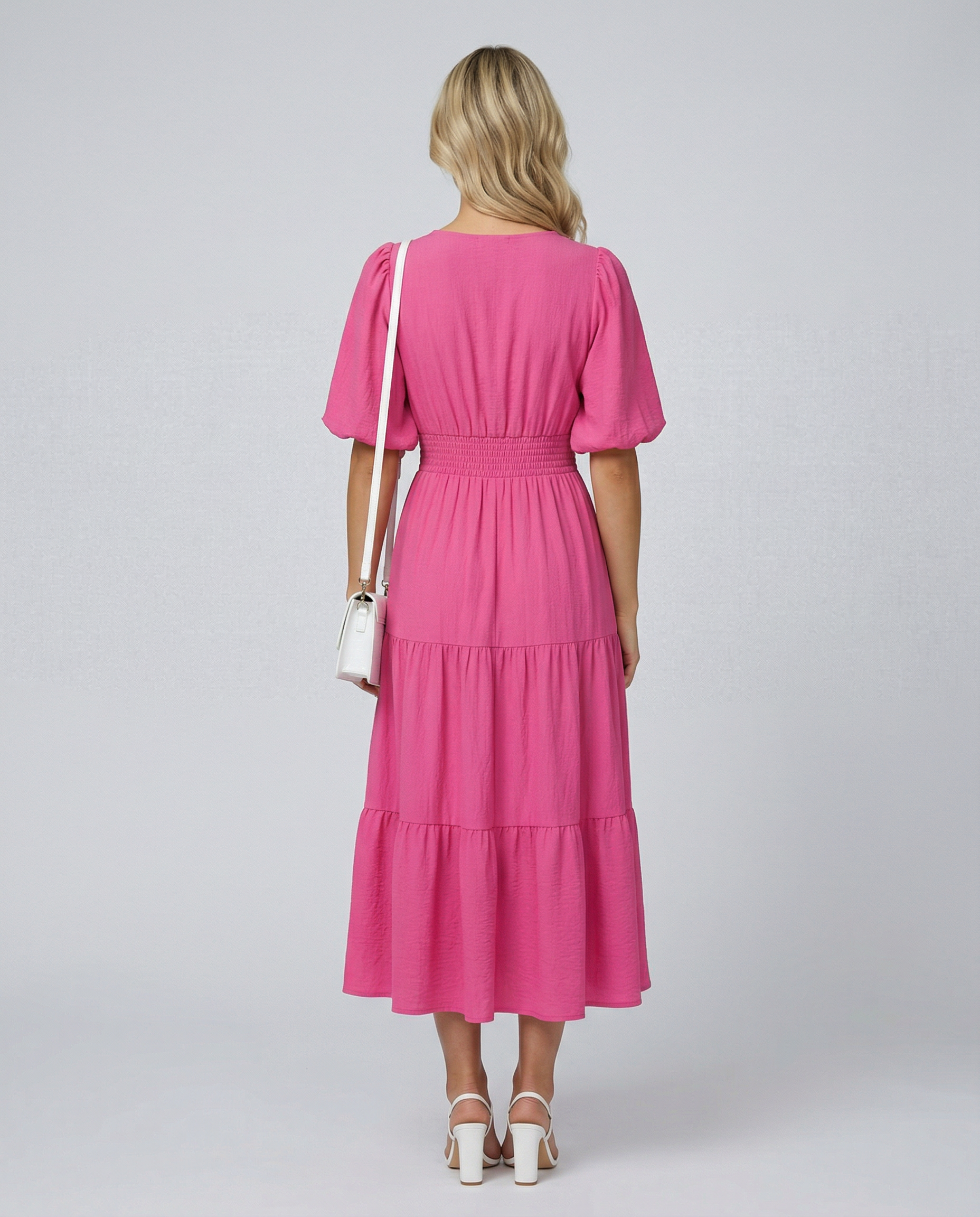 Erin | V Neck Midi Dress with Tiered Skirt and Balloon Sleeves