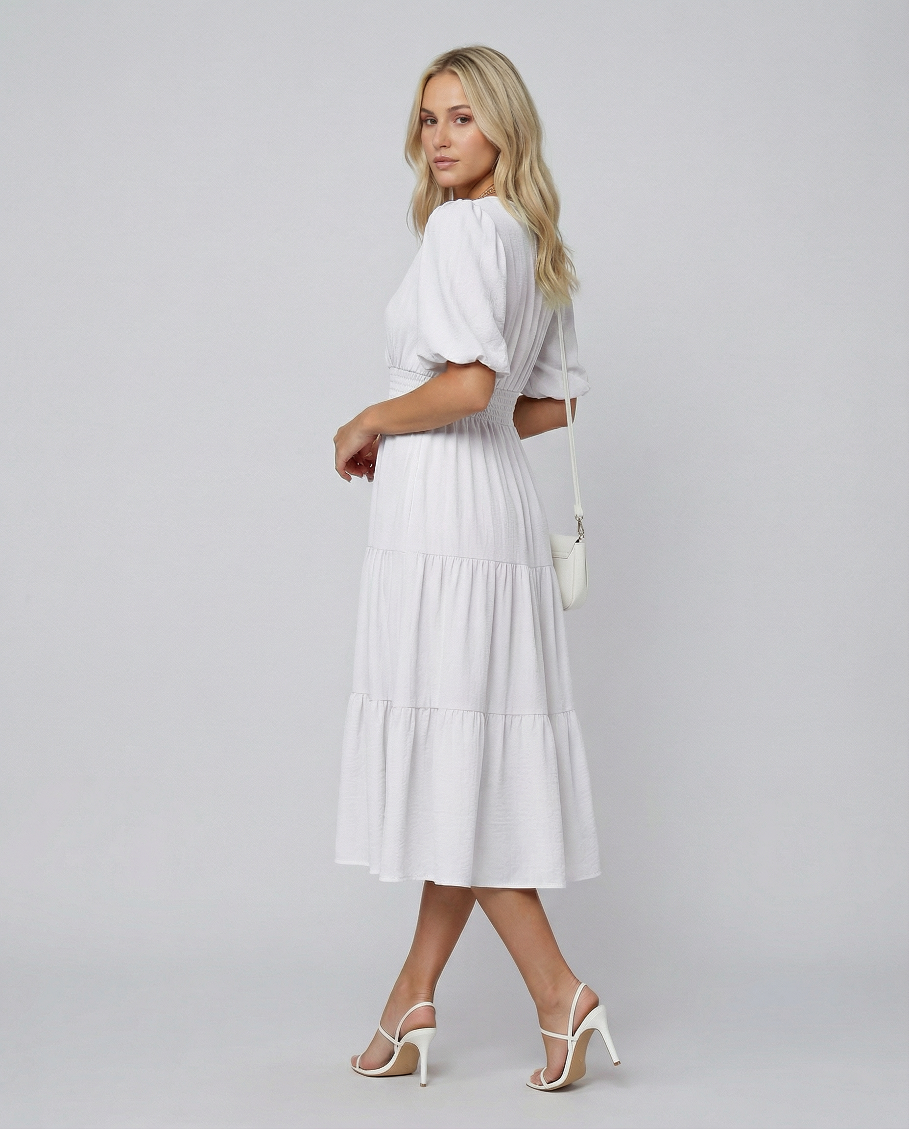 Erin | V Neck Midi Dress with Tiered Skirt and Balloon Sleeves