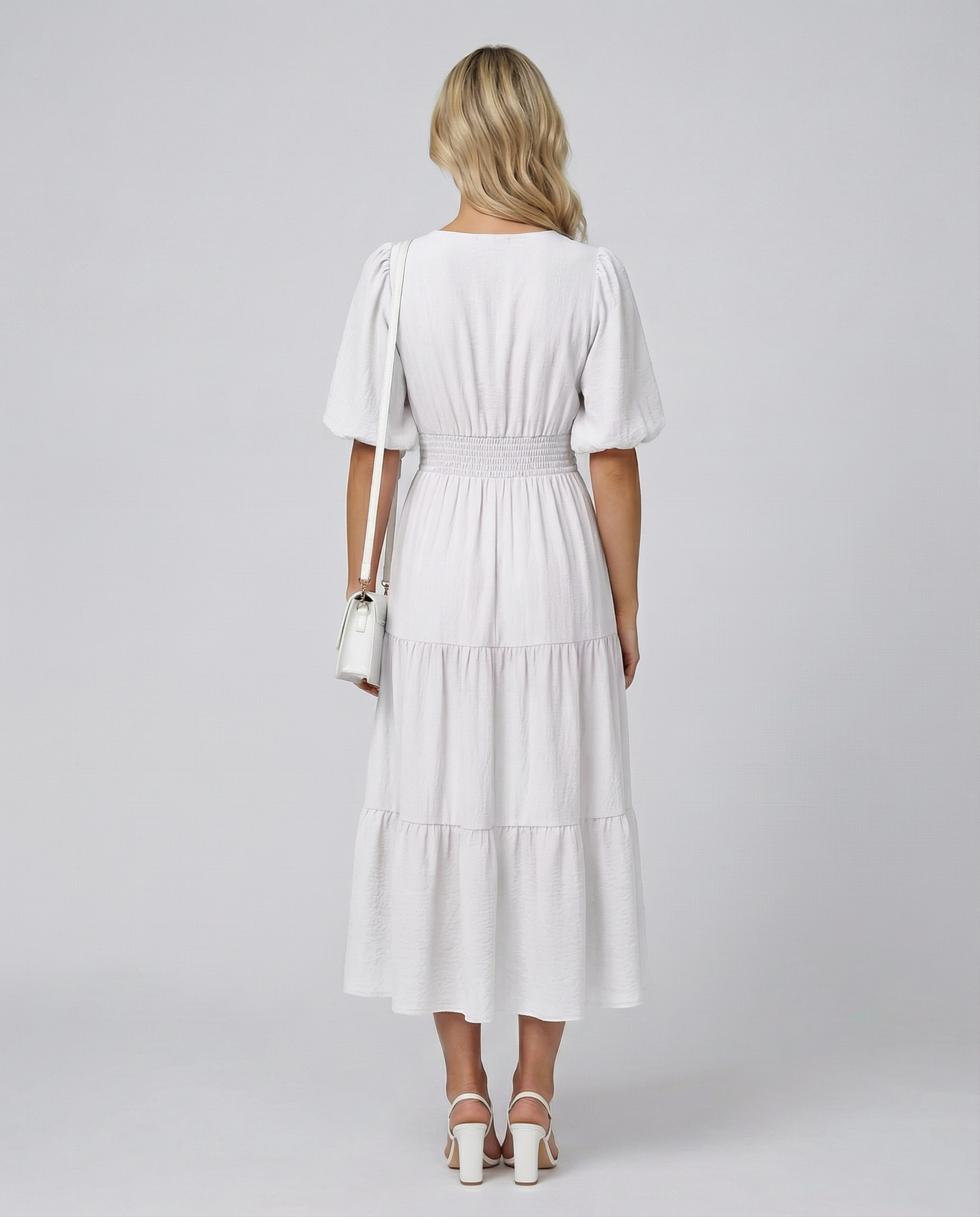 Erin | V Neck Midi Dress with Tiered Skirt and Balloon Sleeves
