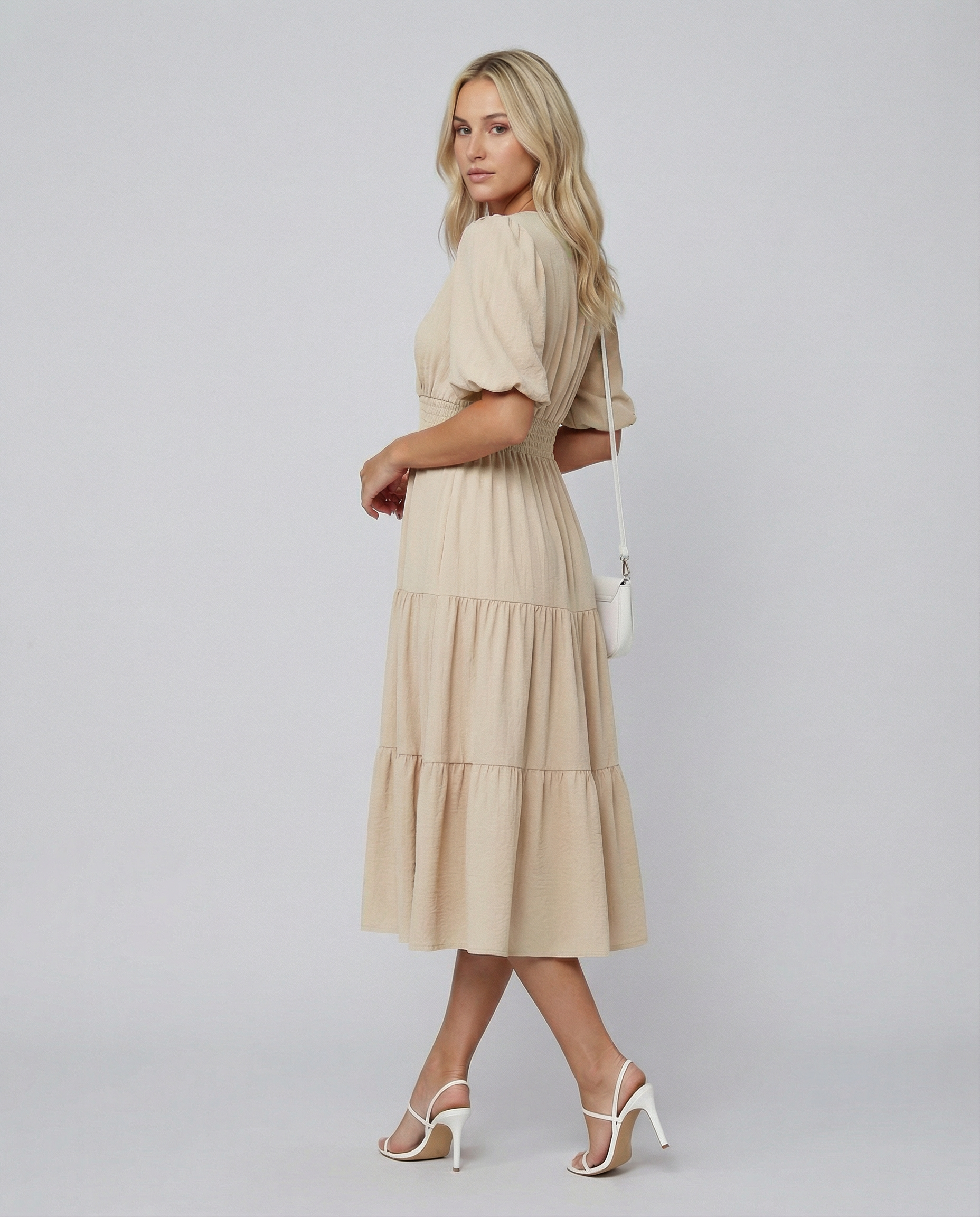 Erin | V Neck Midi Dress with Tiered Skirt and Balloon Sleeves