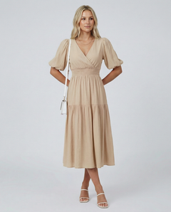 Erin | V Neck Midi Dress with Tiered Skirt and Balloon Sleeves