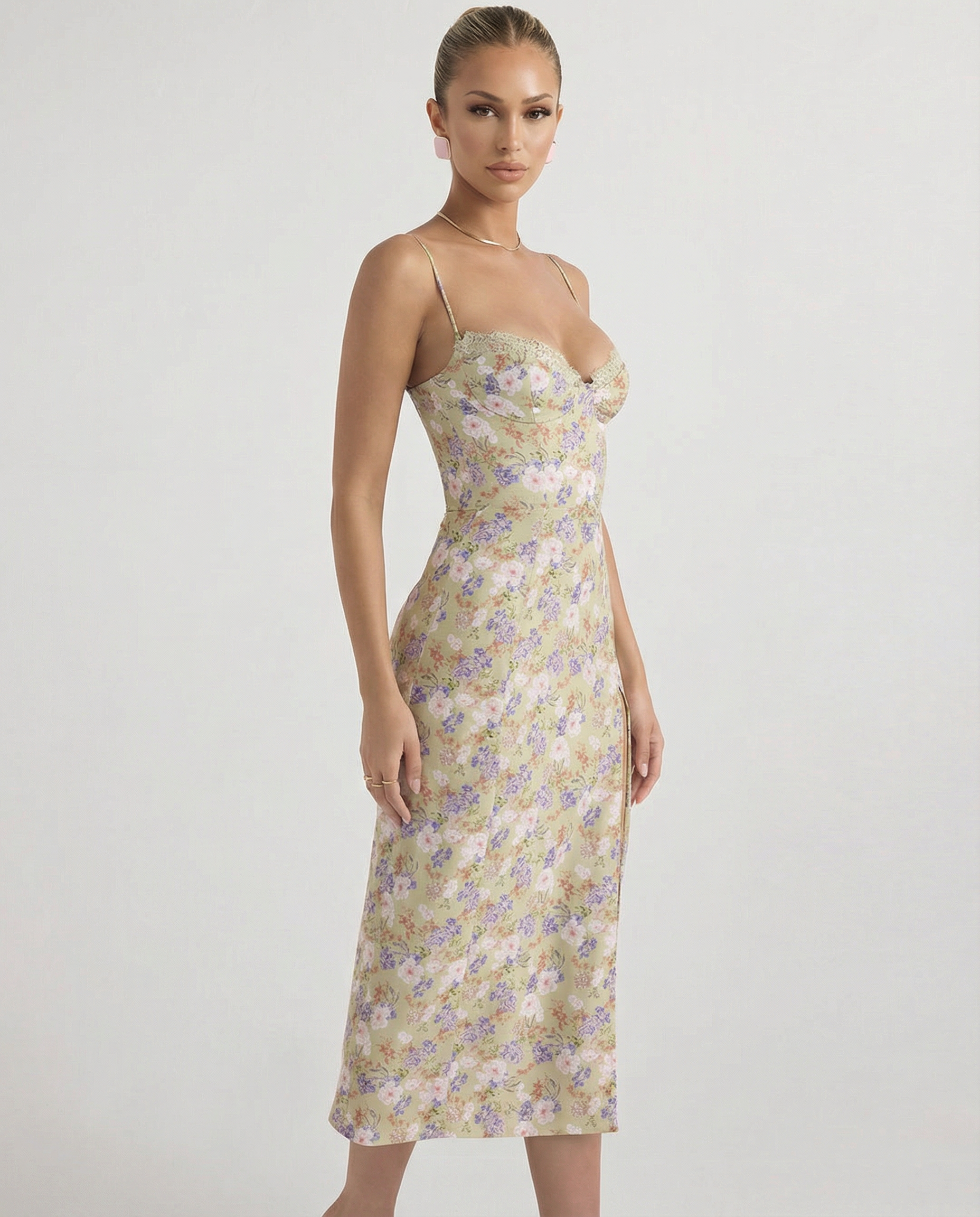 Lydia | Floral Midi Sundress with Lace Sweetheart Neckline