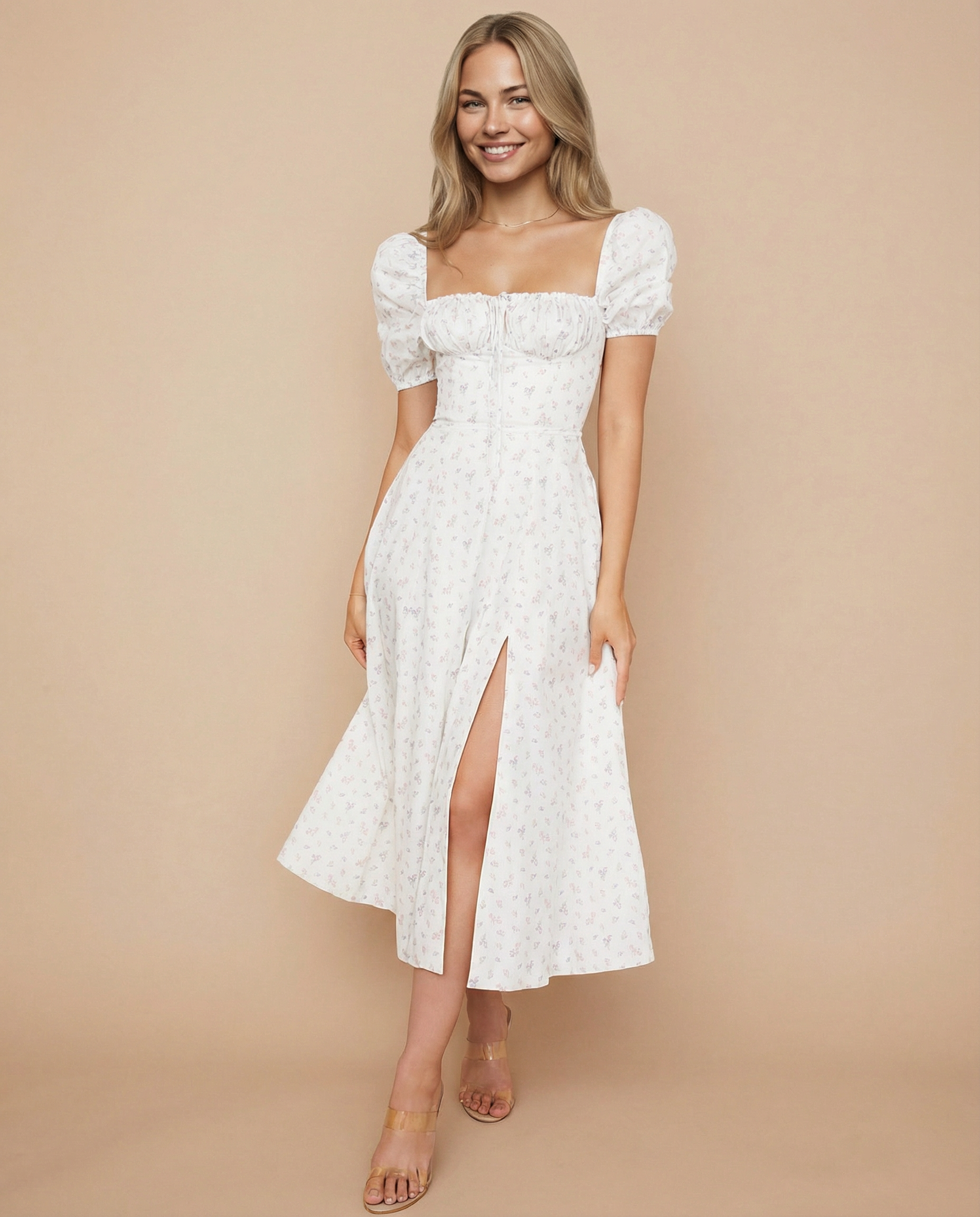 Madeline | Floral Puff Sleeve Boho Midi Dress with Corset Bodice