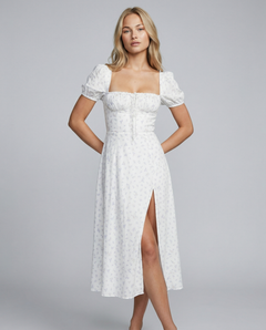 Madeline | Floral Puff Sleeve Boho Midi Dress with Corset Bodice