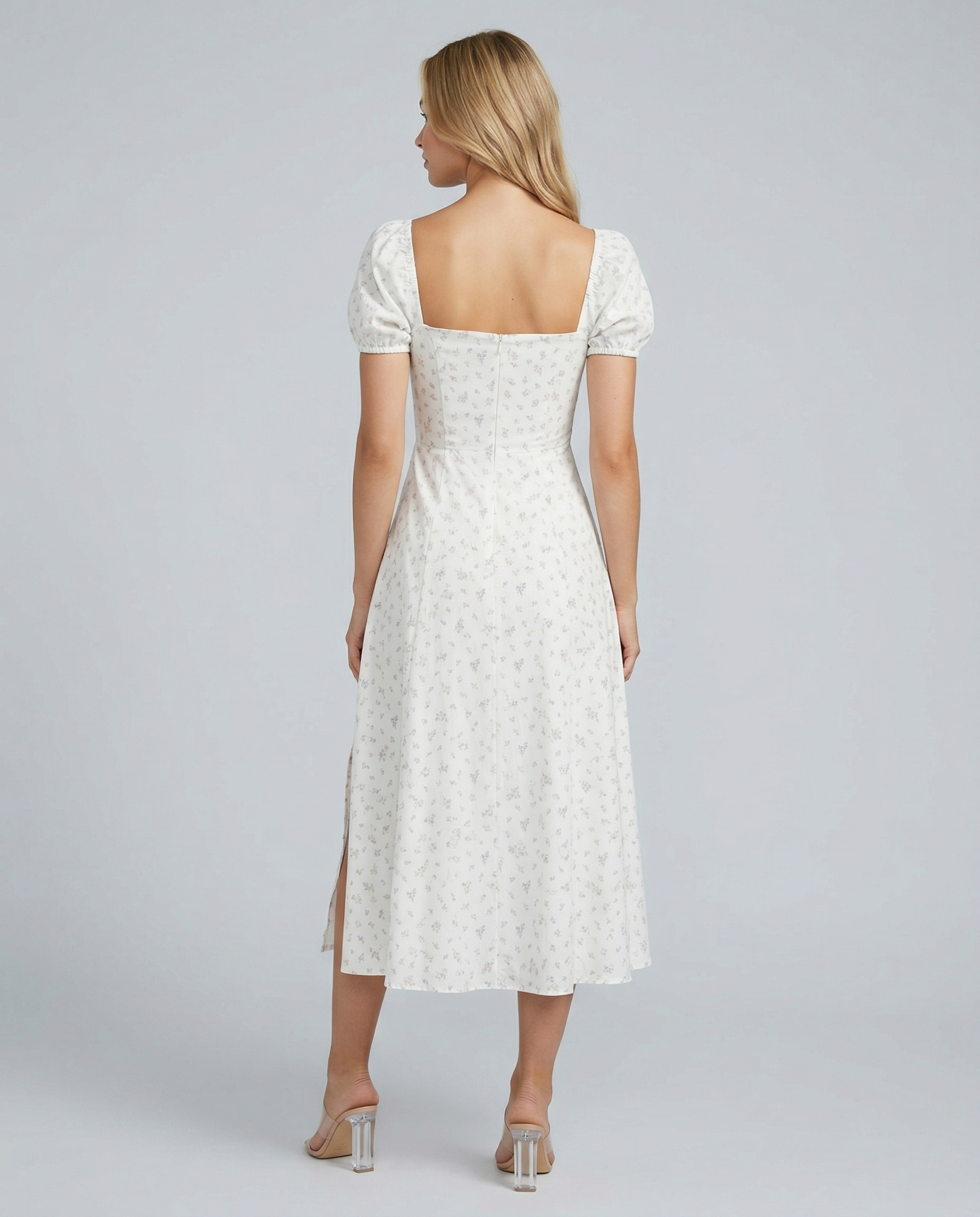 Madeline | Floral Puff Sleeve Boho Midi Dress with Corset Bodice