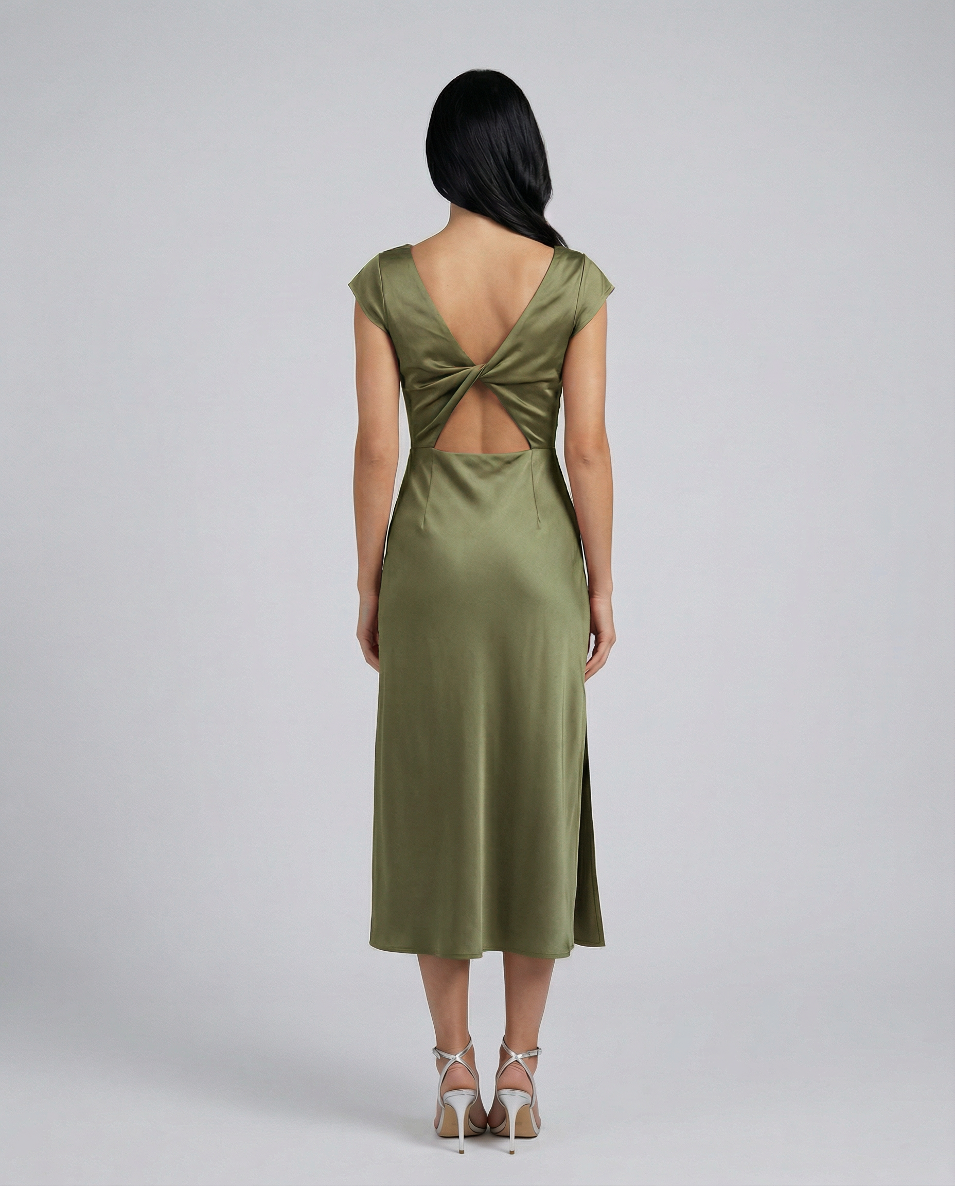 Jaime | Satin Midi Dress with Open Back Twist