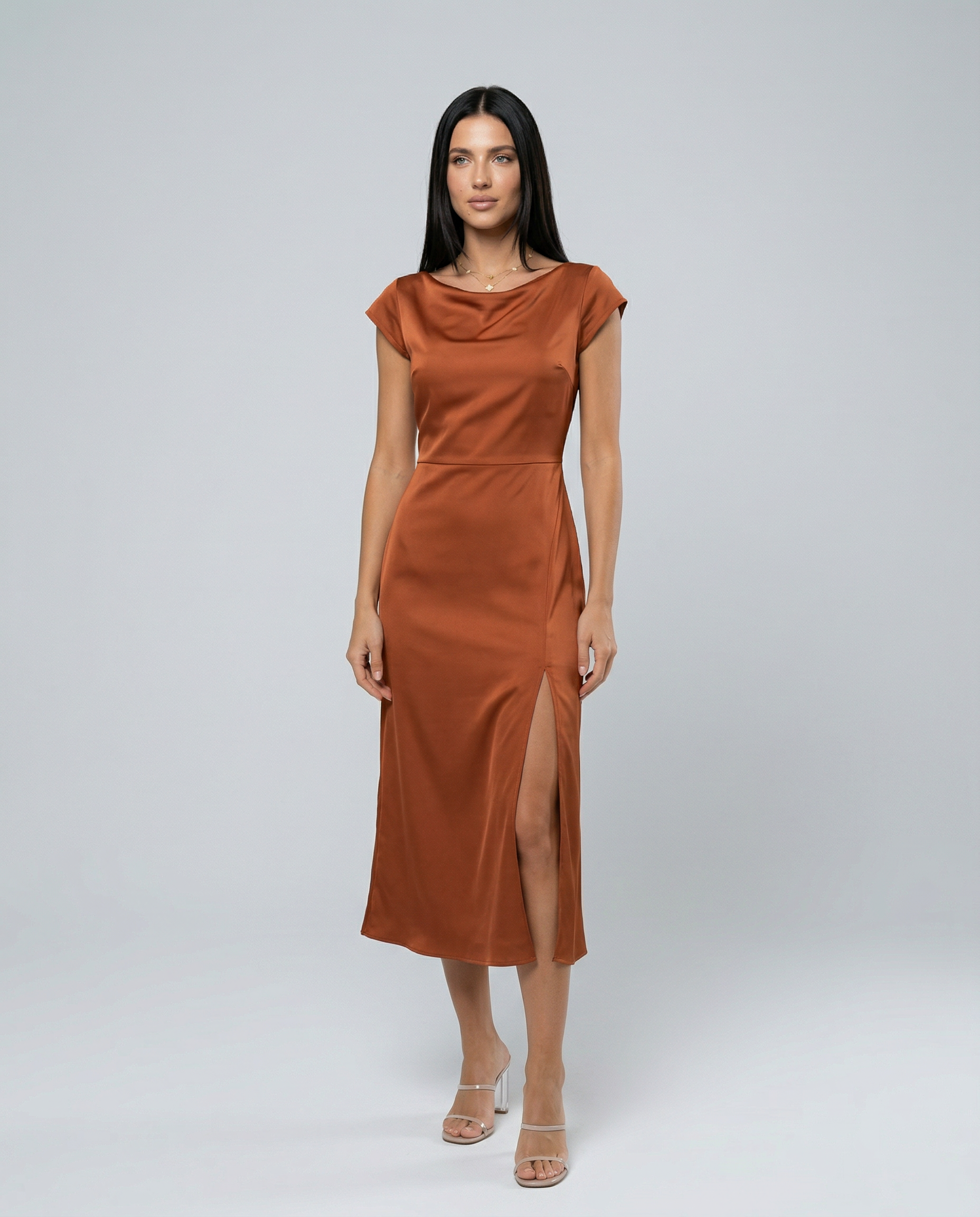 Jaime | Satin Midi Dress with Open Back Twist