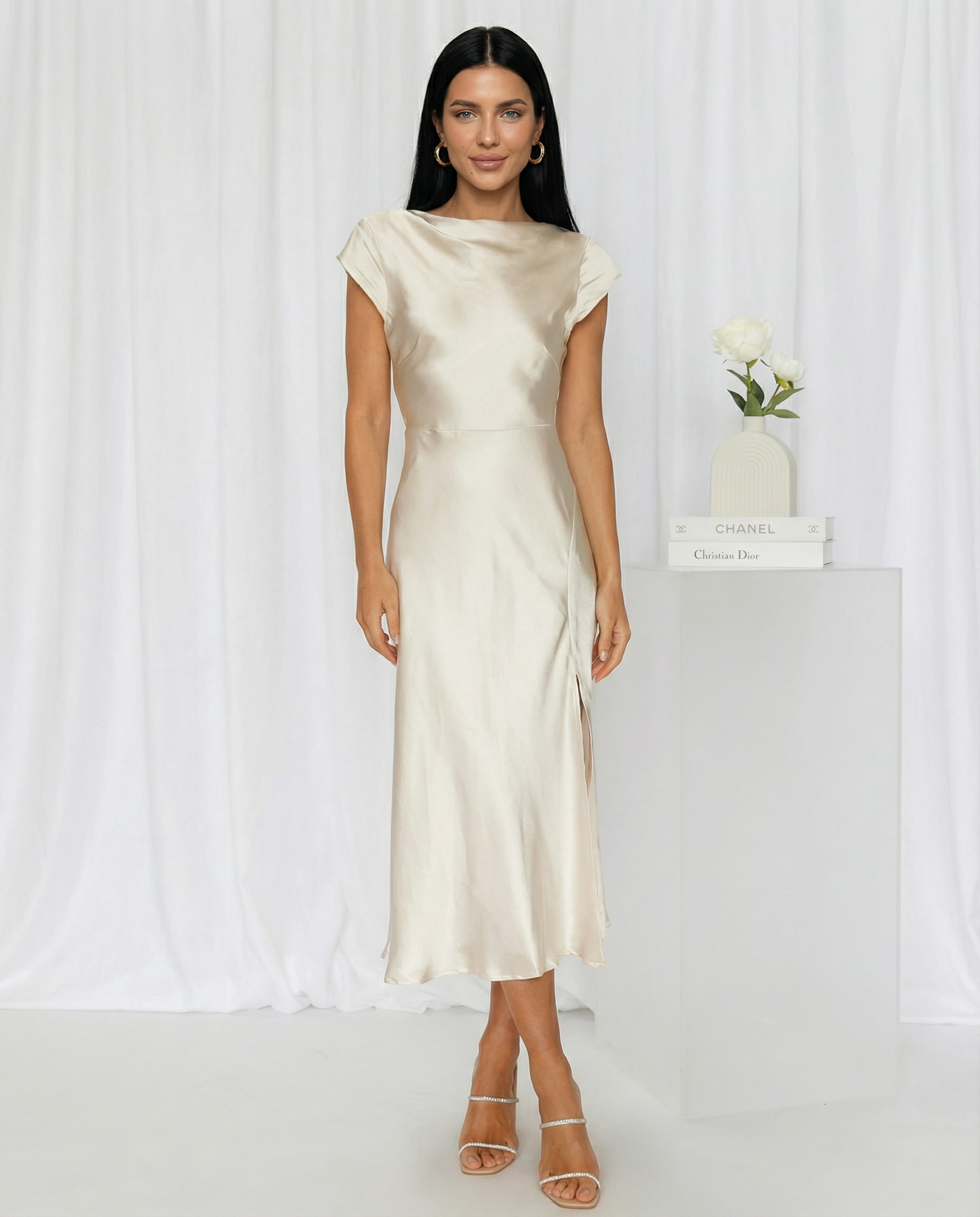 Jaime | Satin Midi Dress with Open Back Twist