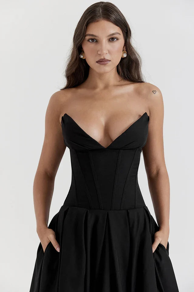 Irma | Strapless Midi Dress with Structured Bodice