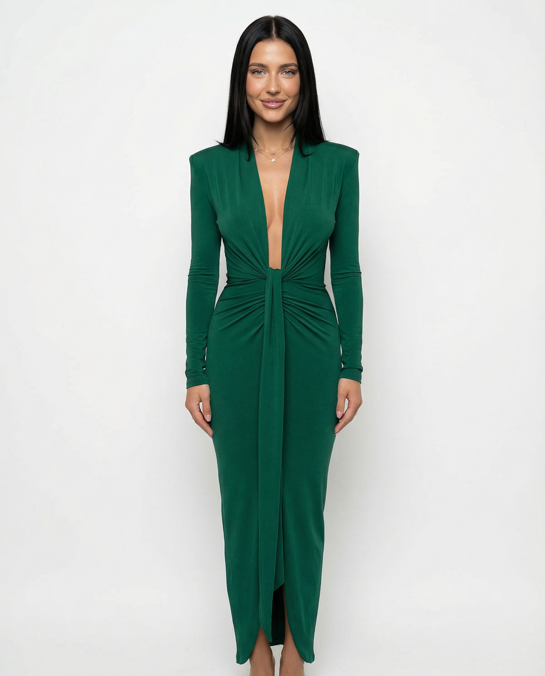 Rose | Long Sleeve Midi Dress with Front Knot Detail
