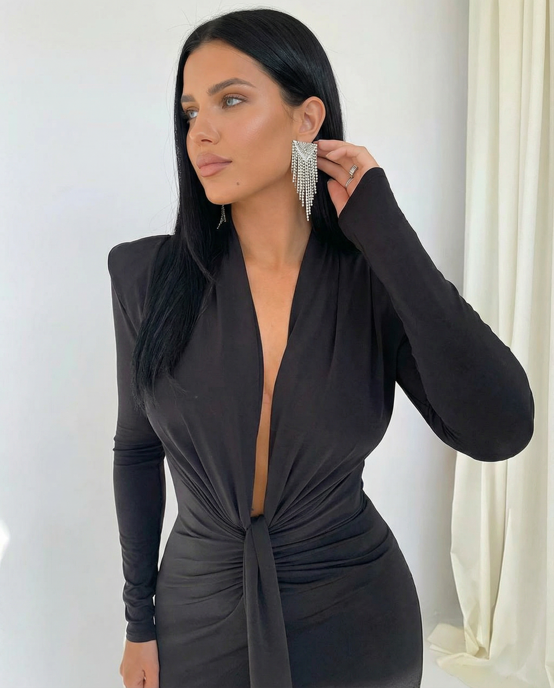 Rose | Long Sleeve Midi Dress with Front Knot Detail