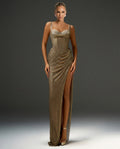 Celaine | Rhinestone Mesh Corset Ruched High Slit Maxi Dress