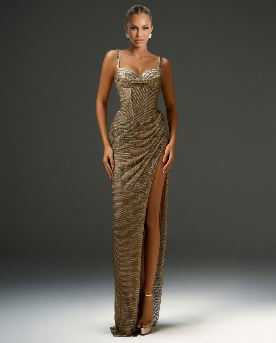 Celaine | Rhinestone Mesh Corset Ruched High Slit Maxi Dress