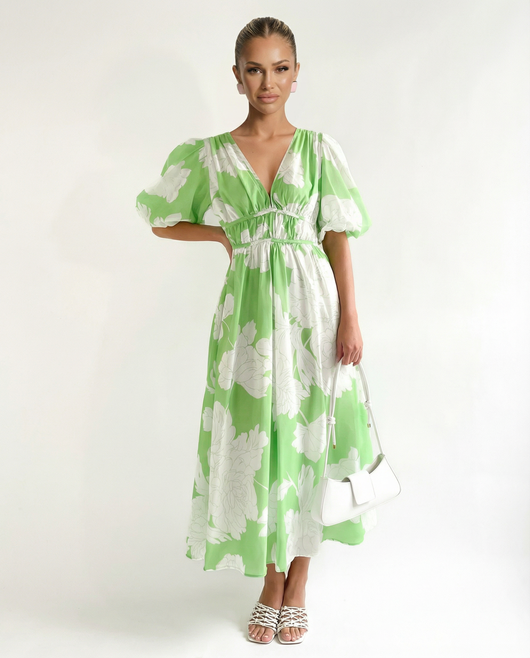 Lucille | Floral Midi Dress with Puff Sleeves