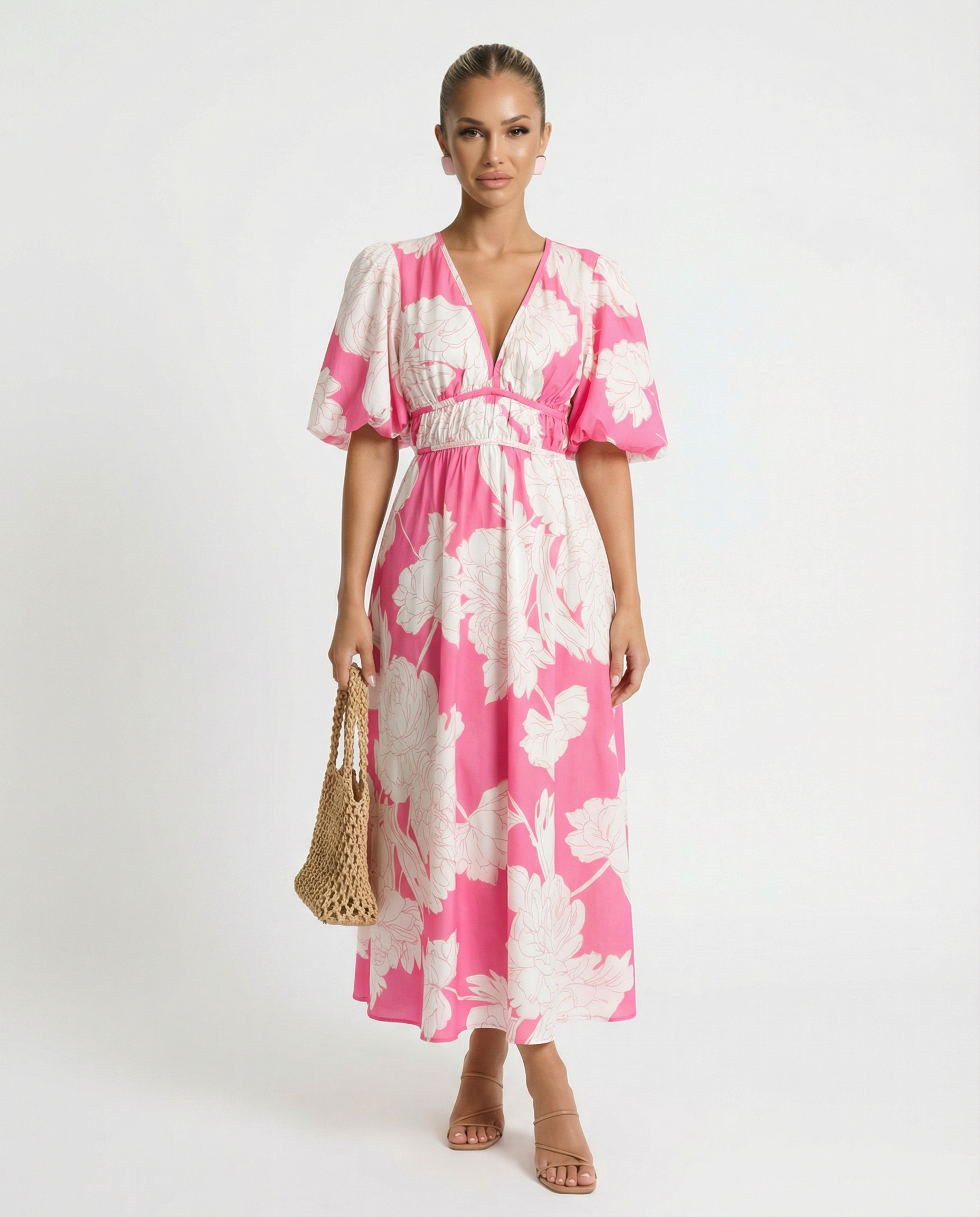 Lucille | Floral Midi Dress with Puff Sleeves