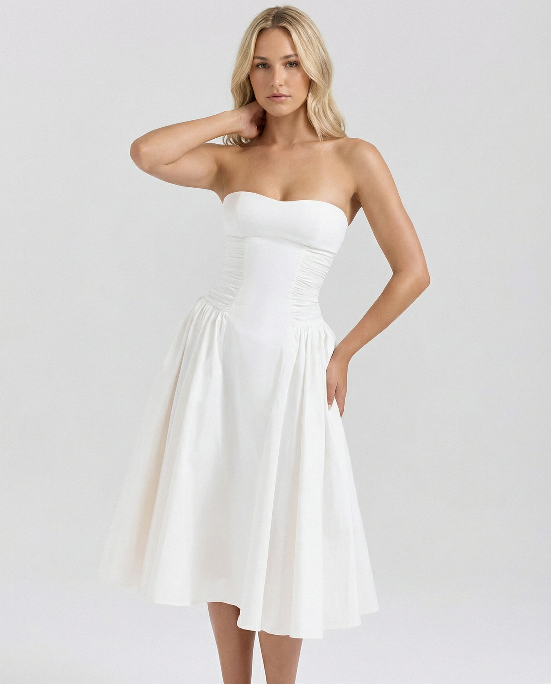 Ellen | Strapless Midi Dress with Gathered Skirt