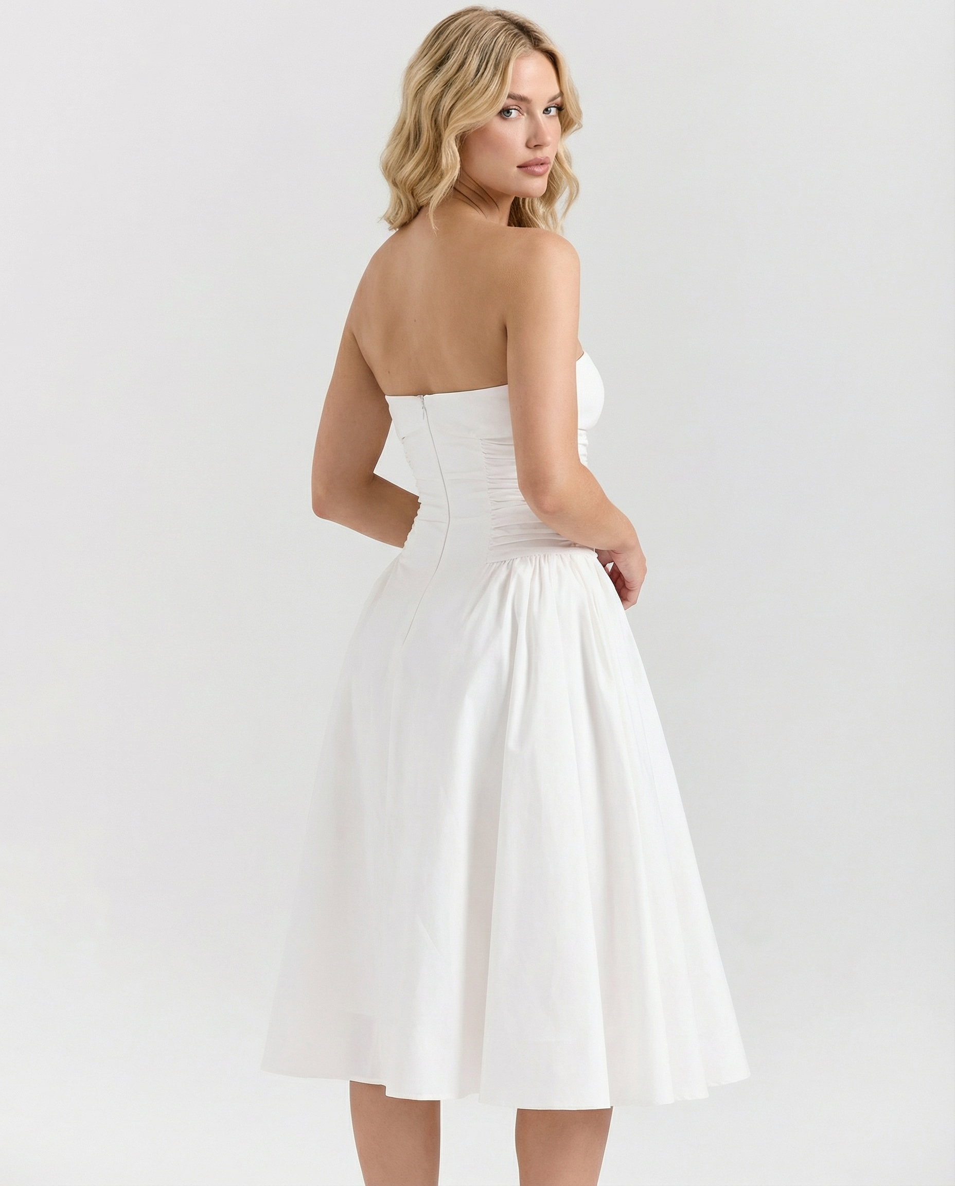 Ellen | Strapless Midi Dress with Gathered Skirt