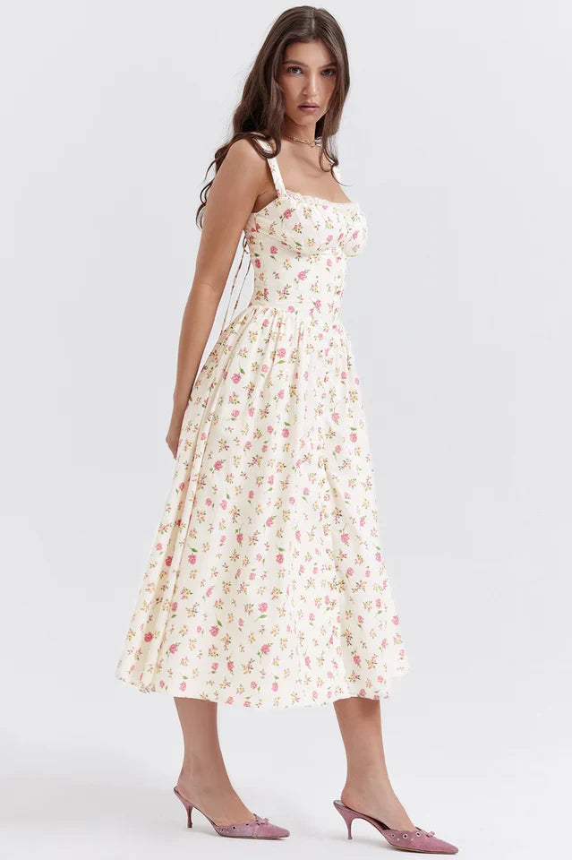 Christy | Midi Sundress with Floral Print and Fitted Bodice