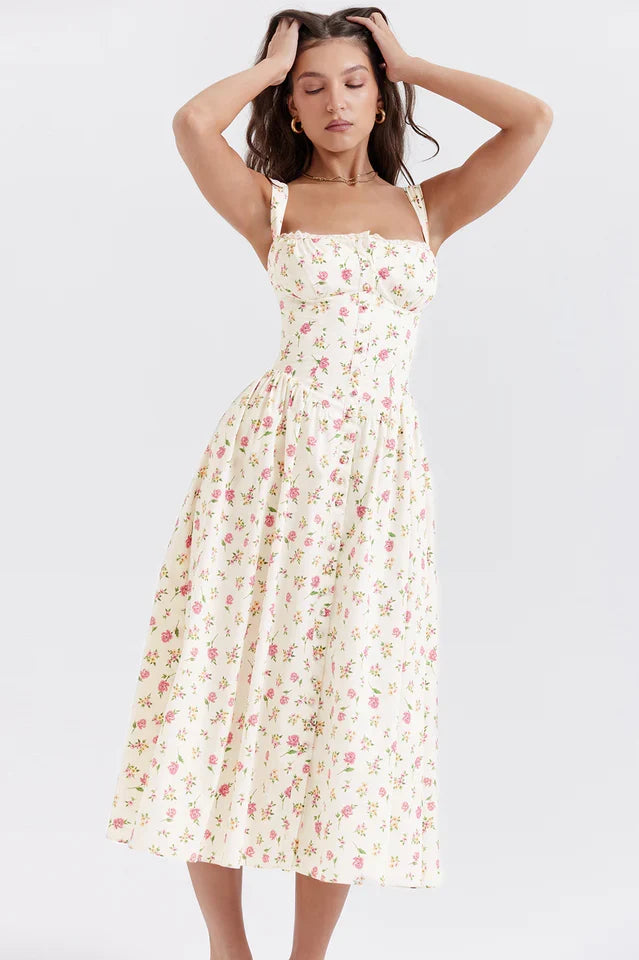 Christy | Midi Sundress with Floral Print and Fitted Bodice