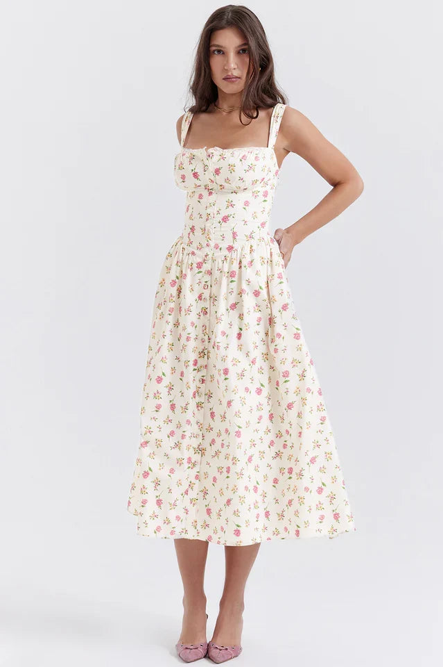 Christy | Midi Sundress with Floral Print and Fitted Bodice