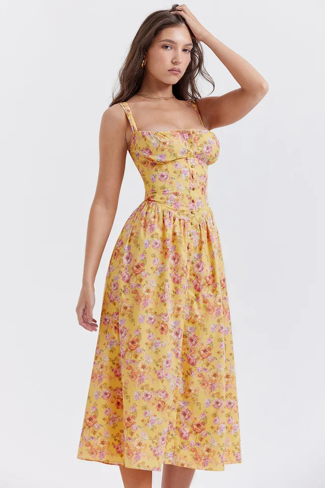 Stacy | Floral Midi Dress with Structured Bodice