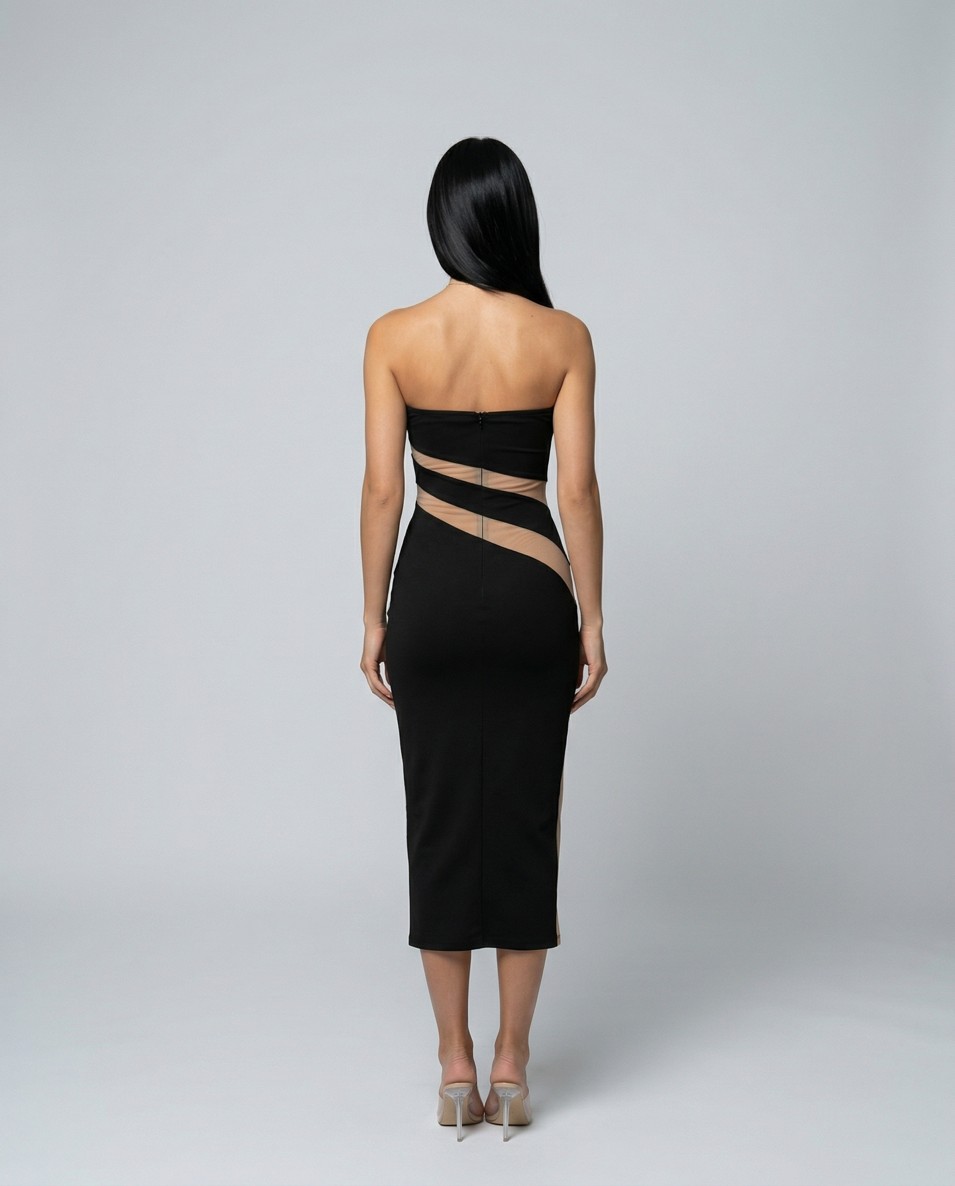 Ashley | Strapless Midi Dress with Sheer Cut-Out Panels