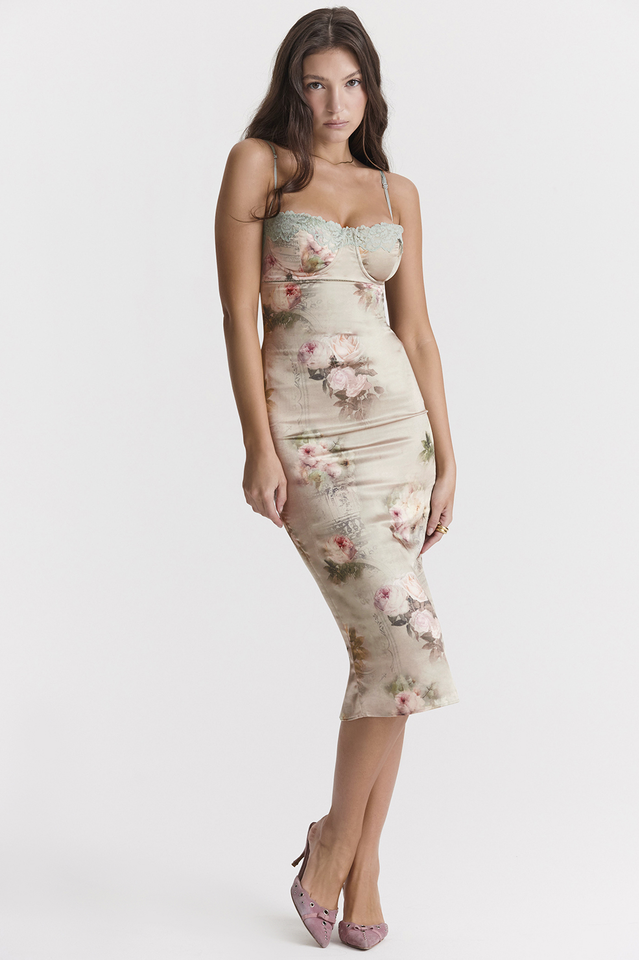 Billie | Floral Midi Dress with Lace Trim Bustier