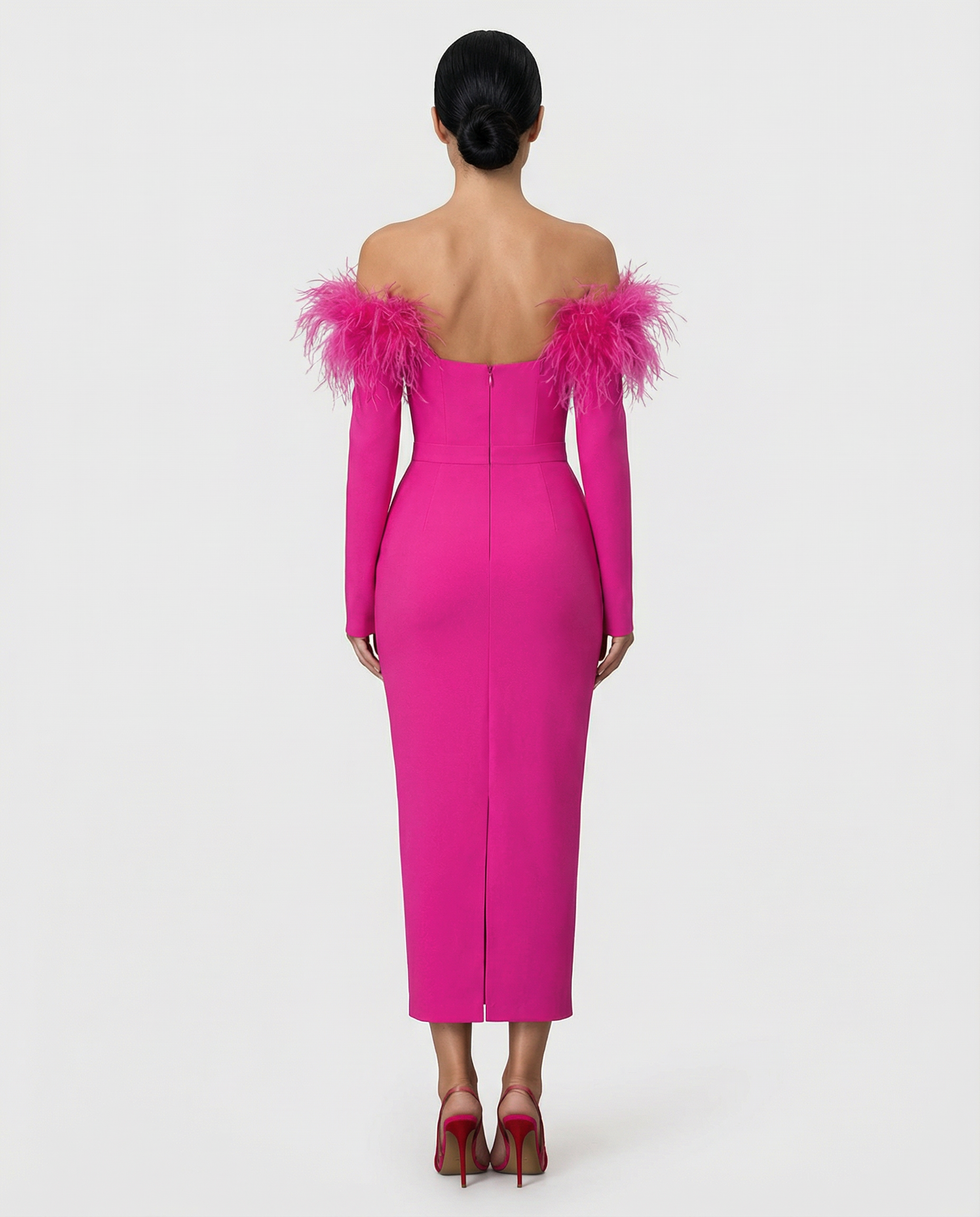 Kathleen | Off-Shoulder Midi Dress with Feather Trim