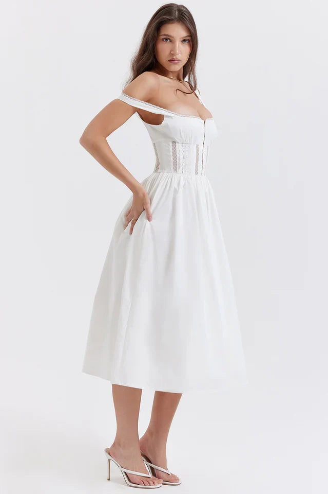 Louise | Midi Dress with Lace Trim Bodice