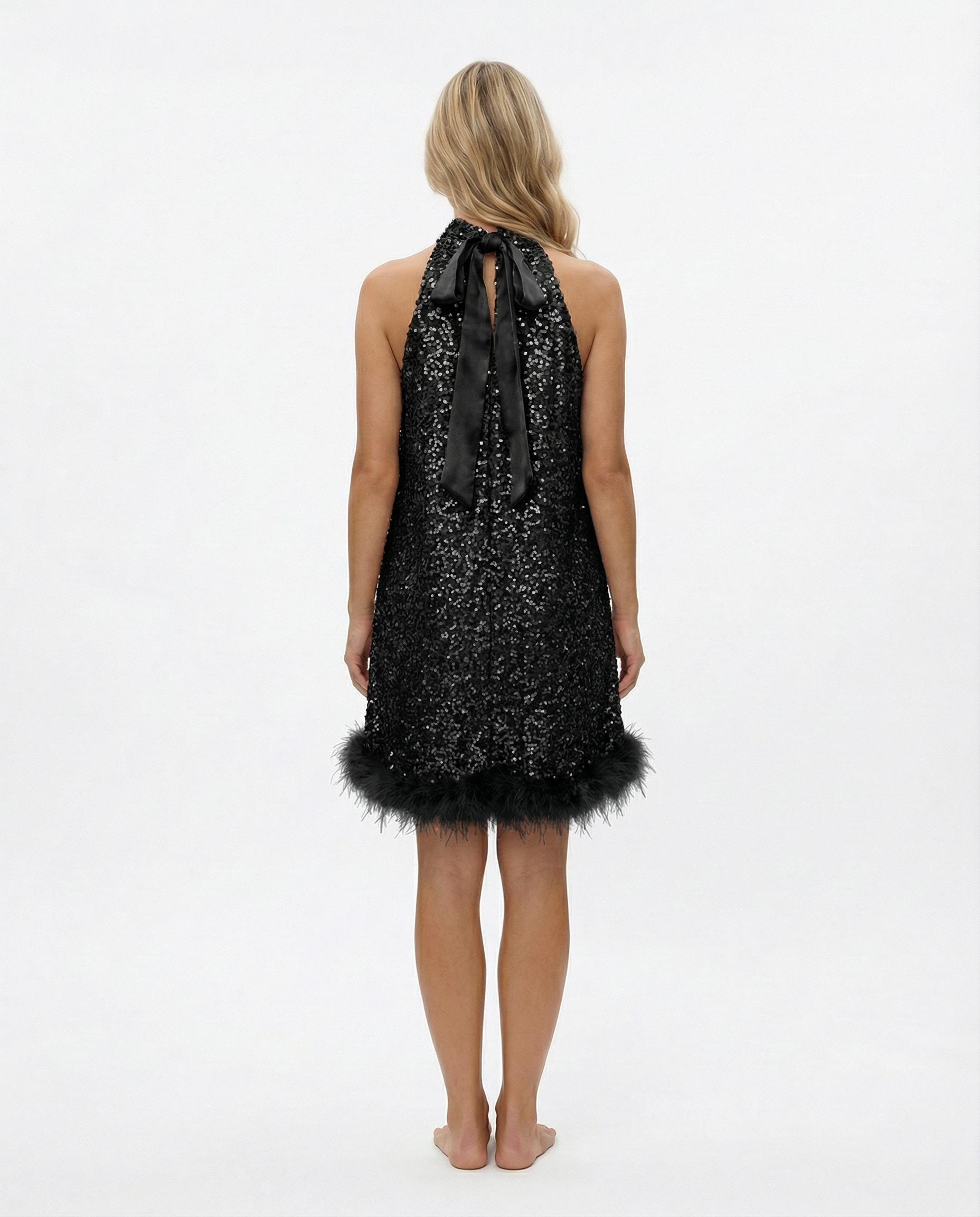 Pearl | Sequin Halter Mini Dress with Feather Hem