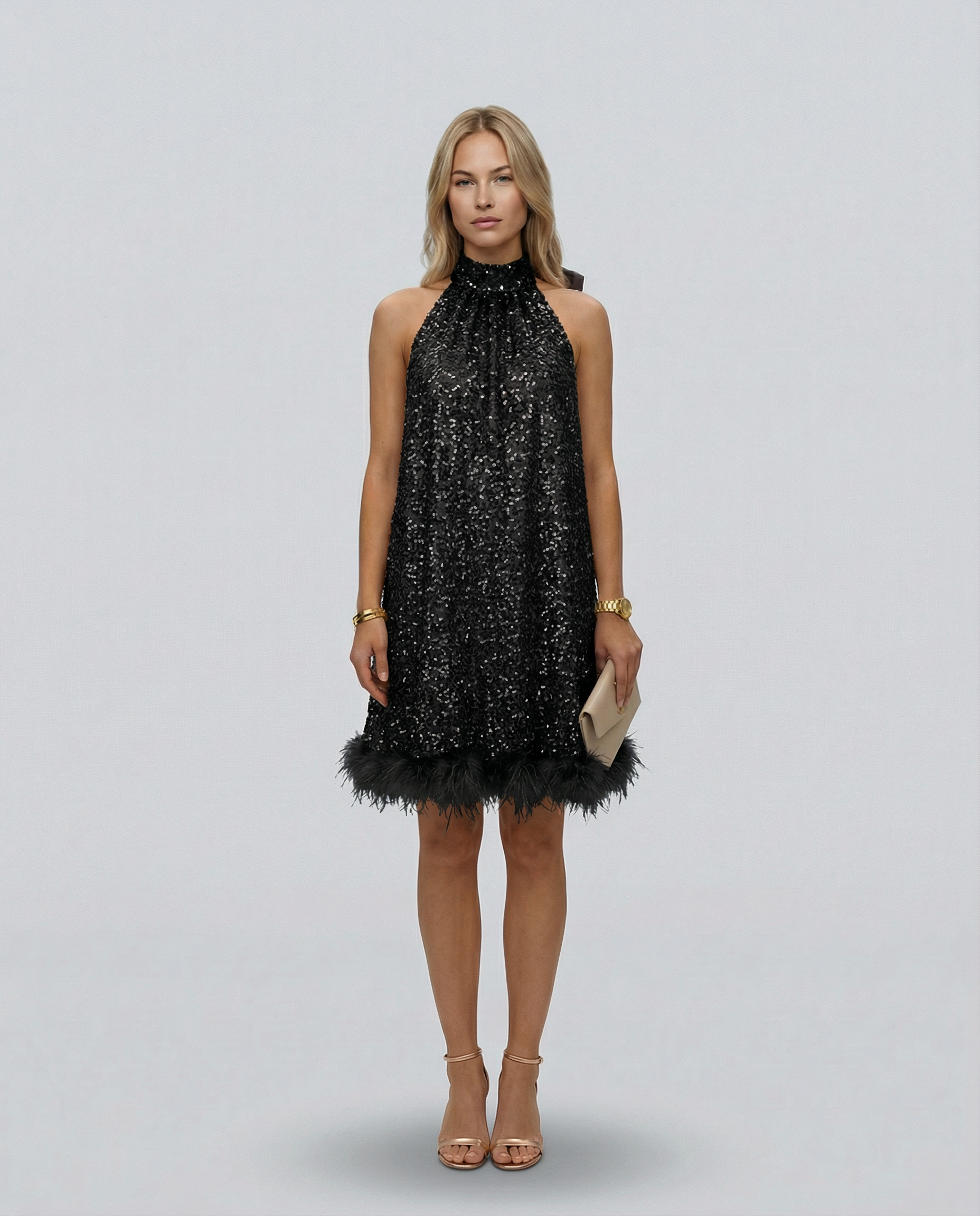 Pearl | Sequin Halter Mini Dress with Feather Hem