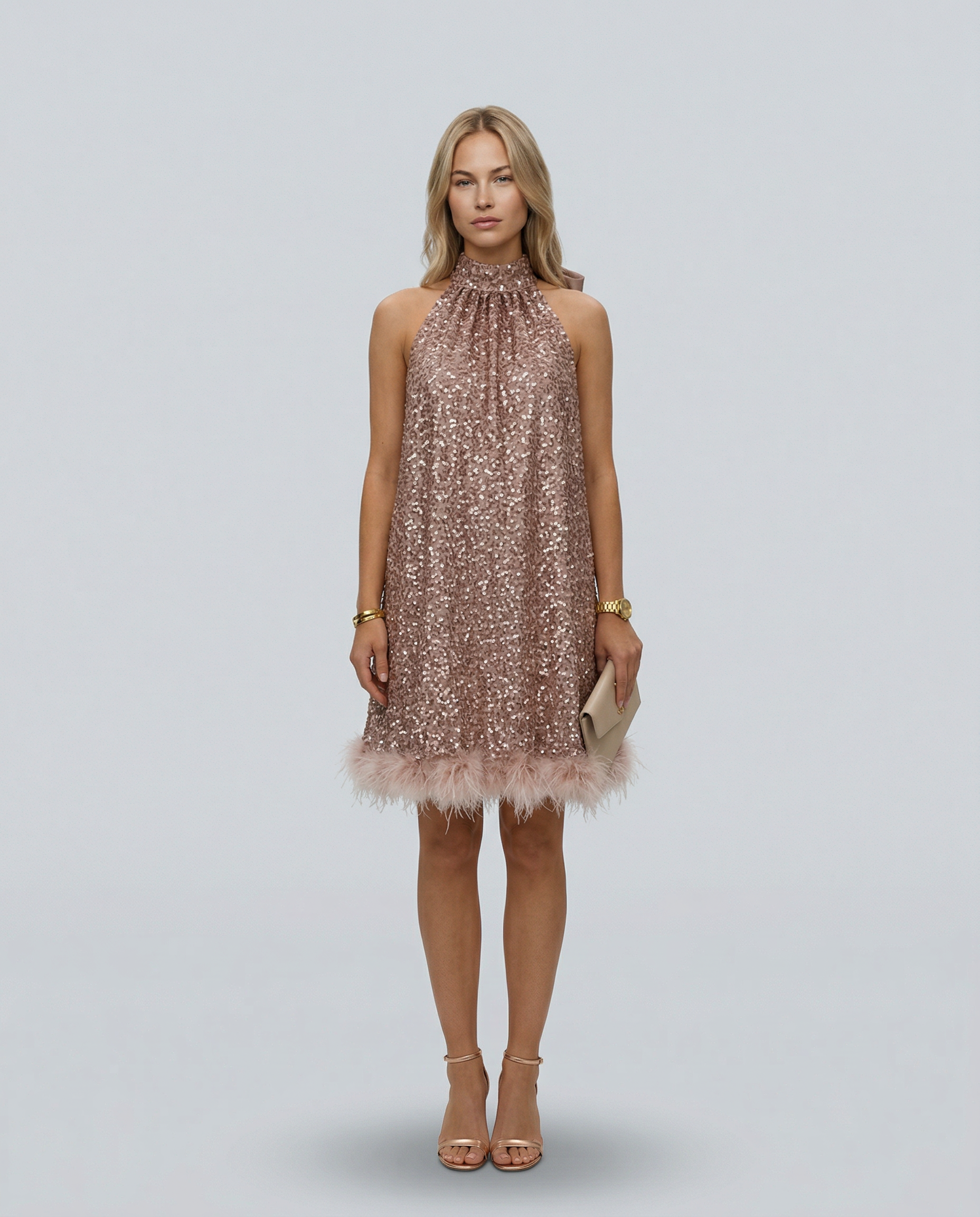 Pearl | Sequin Halter Mini Dress with Feather Hem
