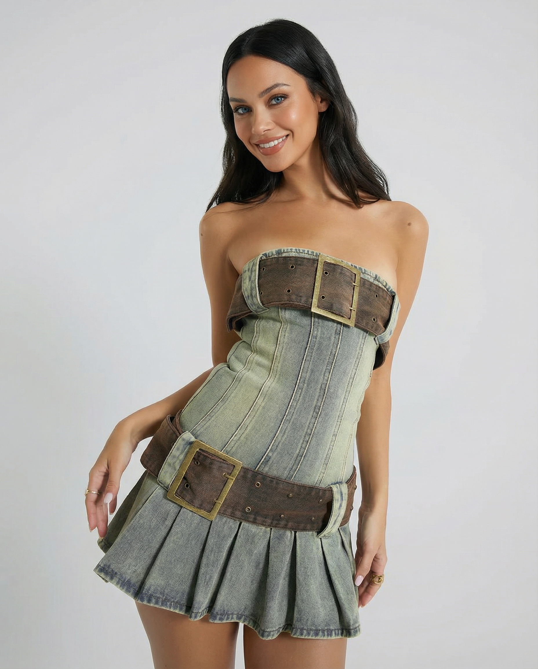 Lynn | Strapless Denim Kilt Mini Dress with Belt Detail