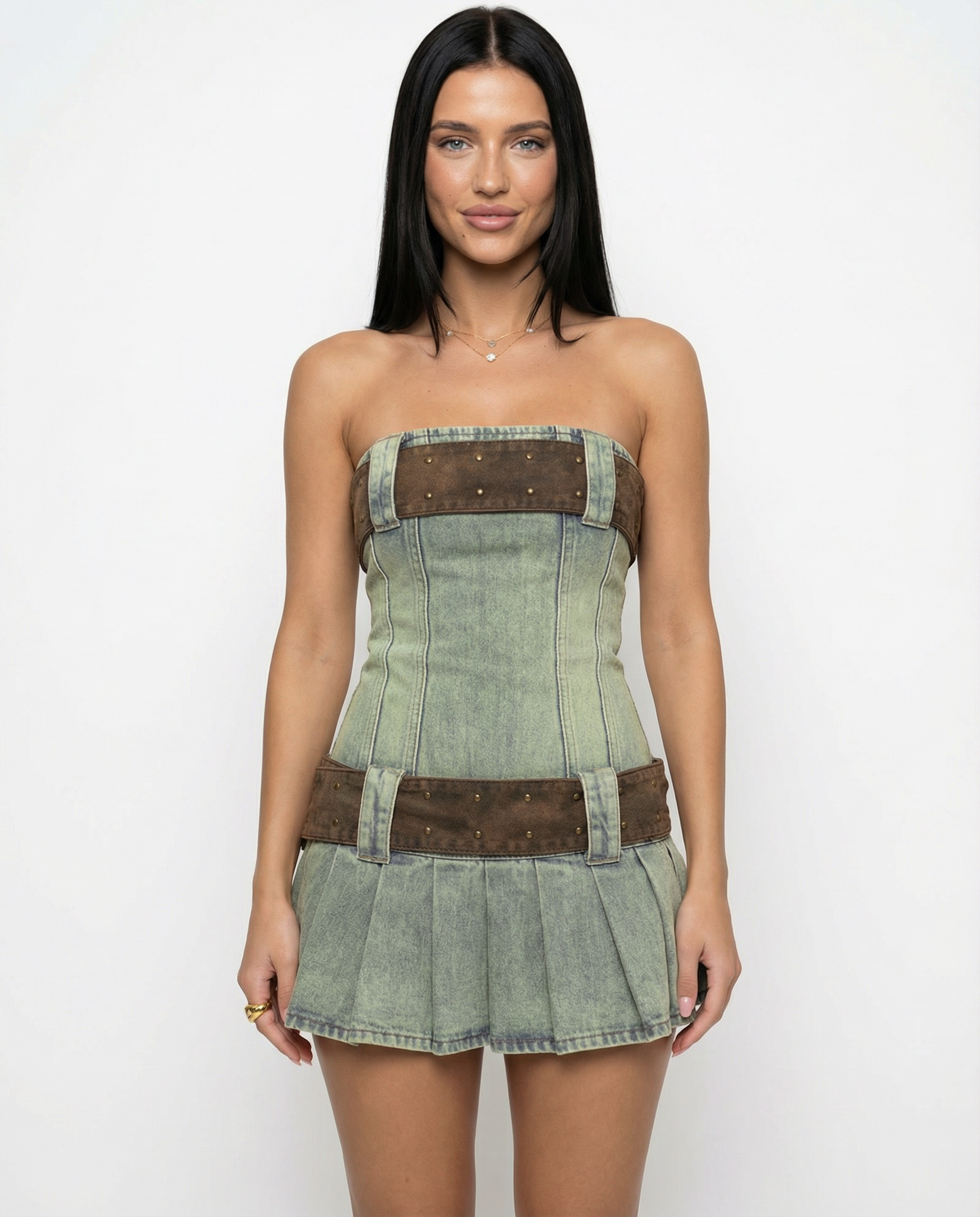 Lynn | Strapless Denim Kilt Mini Dress with Belt Detail