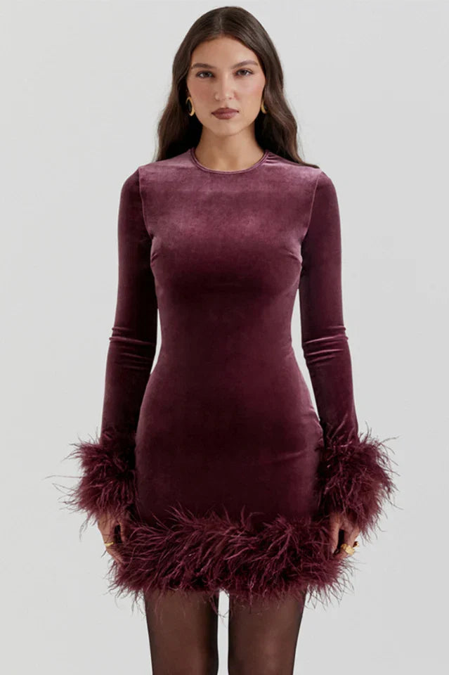 Marta | Velvet Mini Dress with Feather Trim
