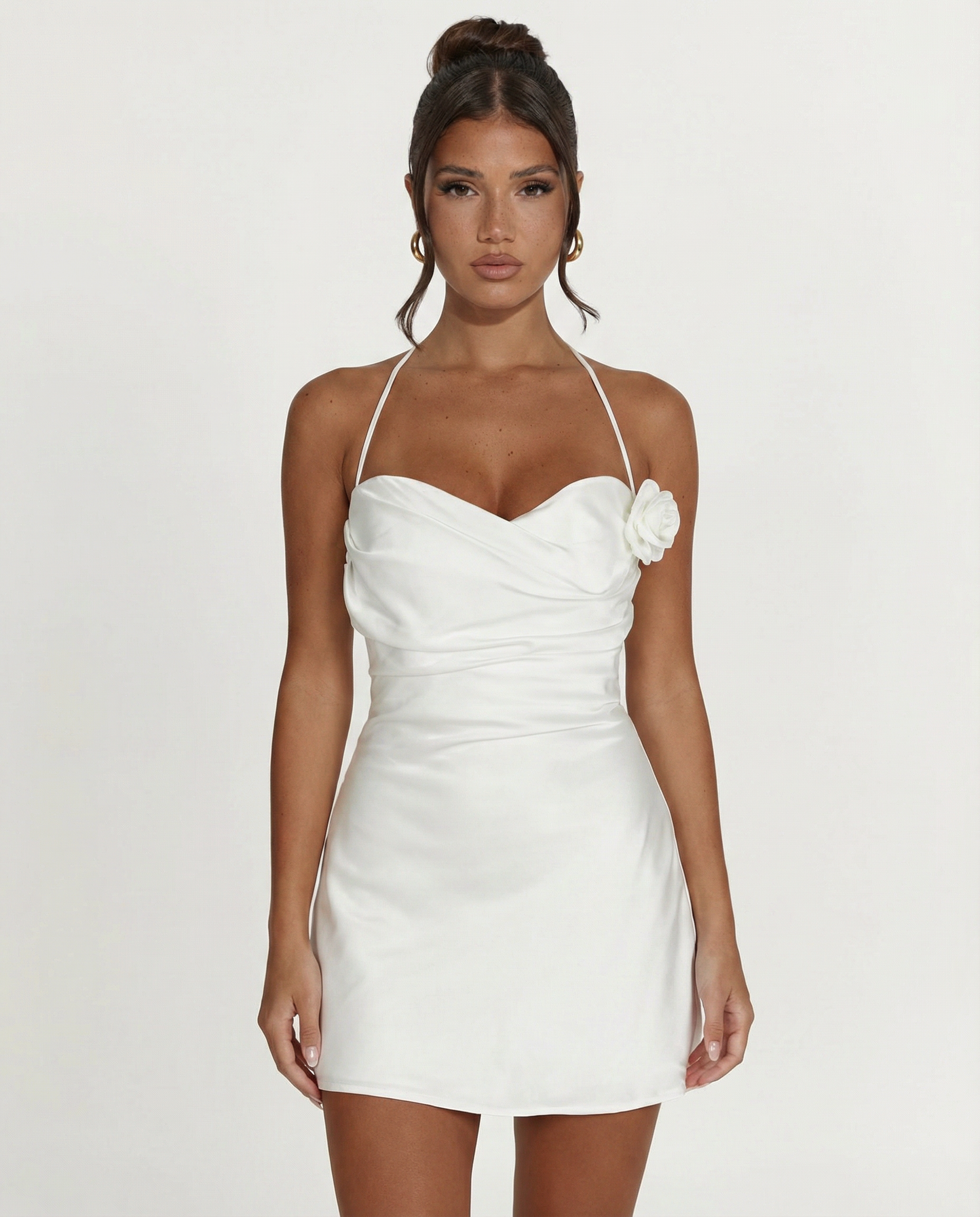 Linda | Halter Mini Dress with Satin Finish and Floral Detail