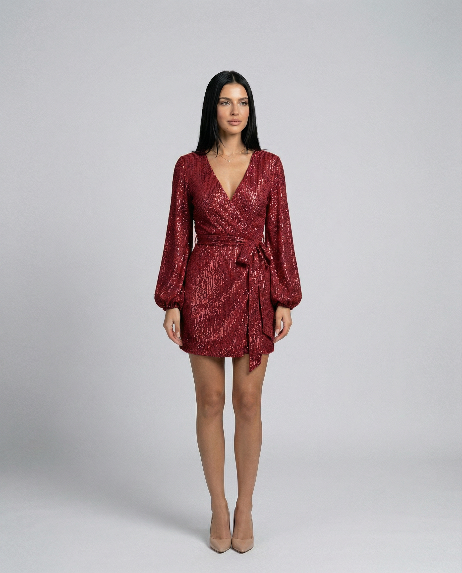Trina | Sequin Wrap Mini Dress with Long Sleeves