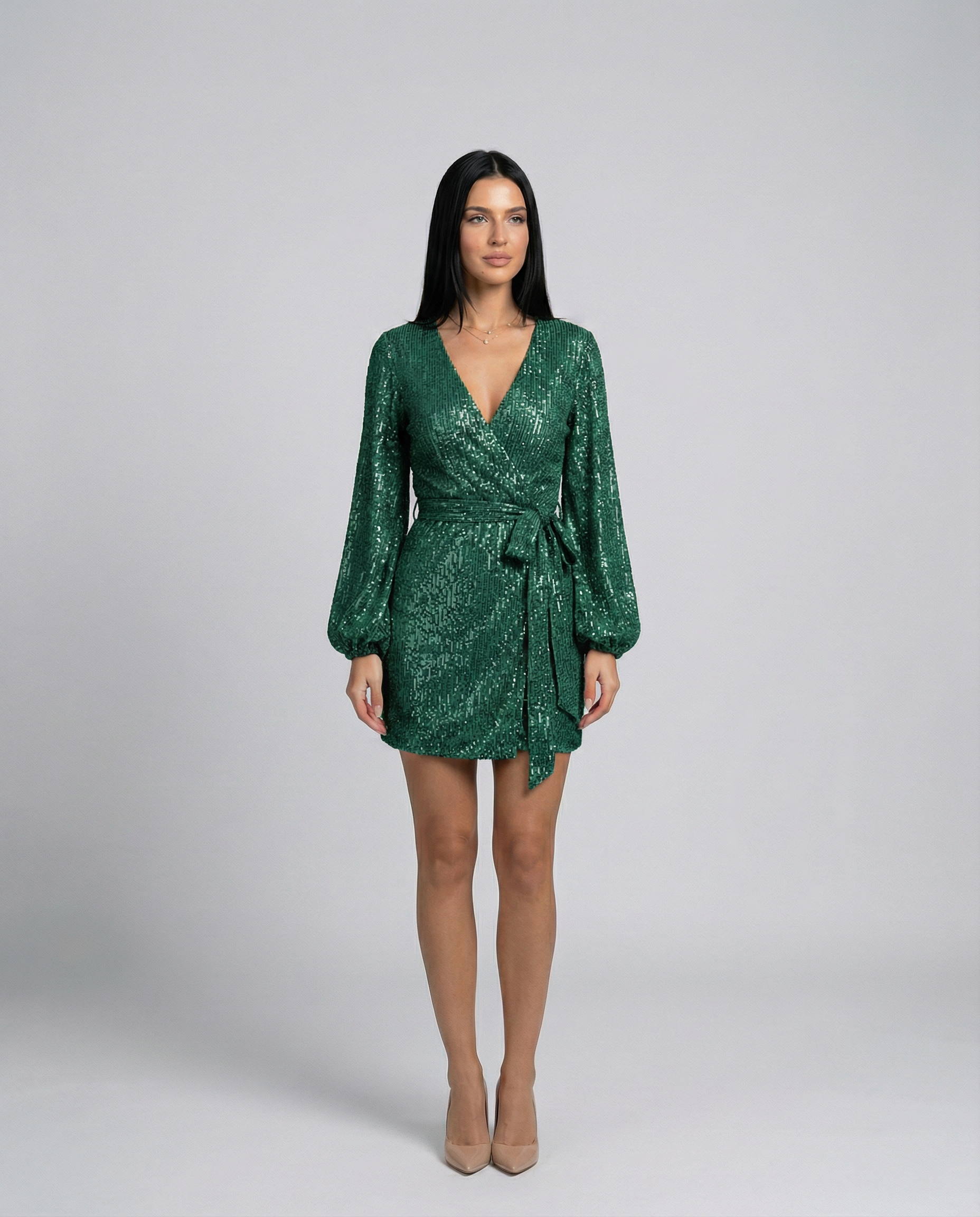 Trina | Sequin Wrap Mini Dress with Long Sleeves