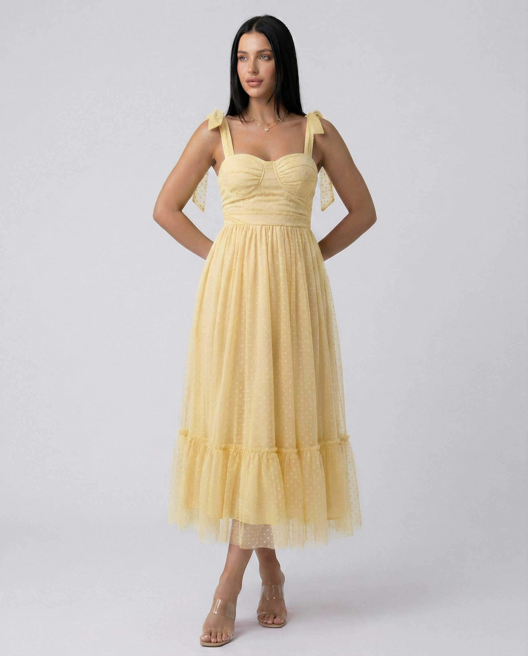 Tina | Midi Tulle Dress with Tie Shoulder Straps